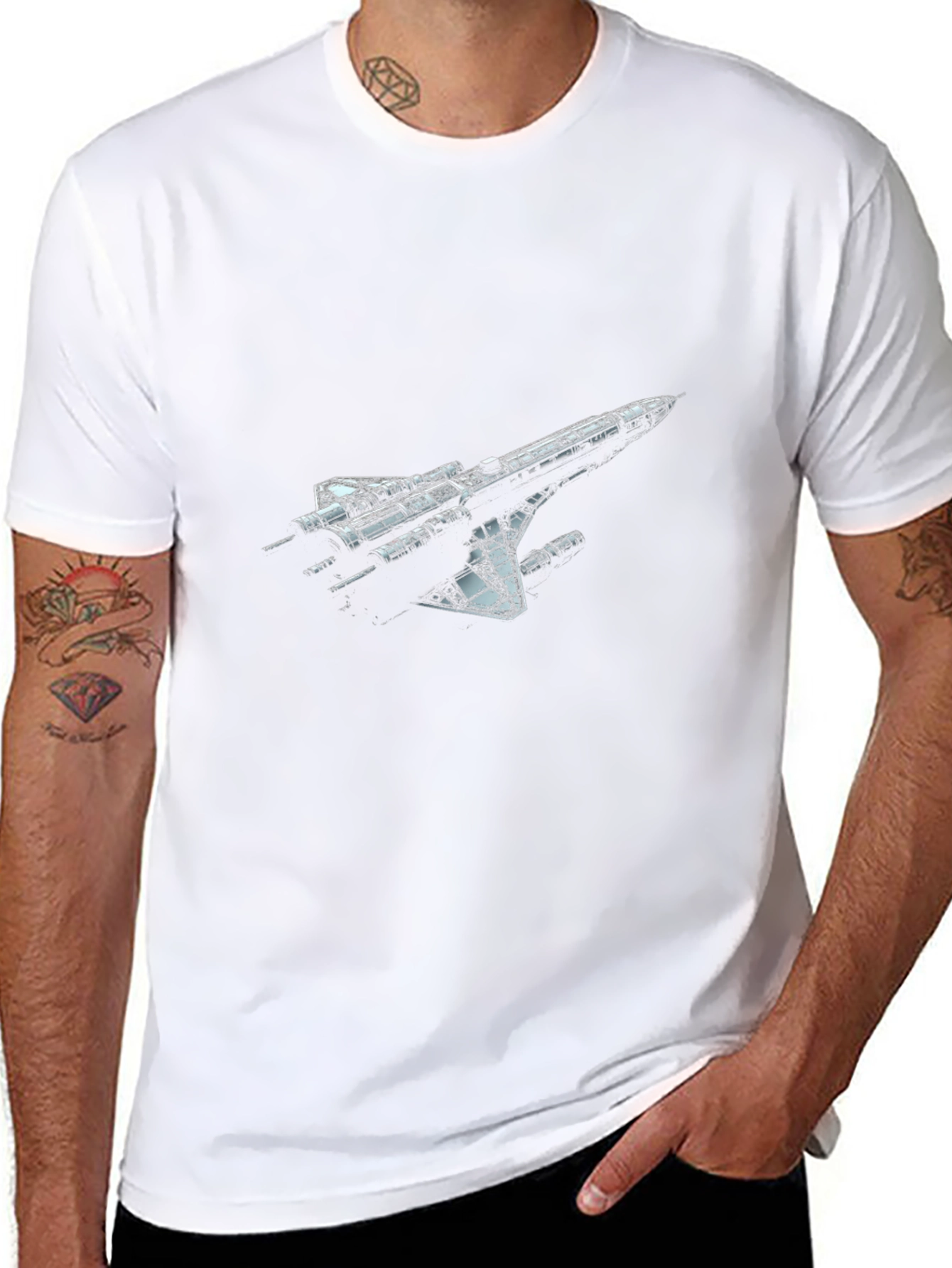 Sci-Fi Spaceship Graphic T-Shirt - Black Crew Neck Tee