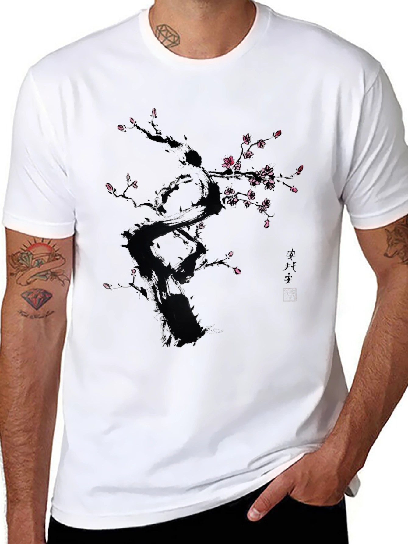 Black T-Shirt with Floral Tree Design