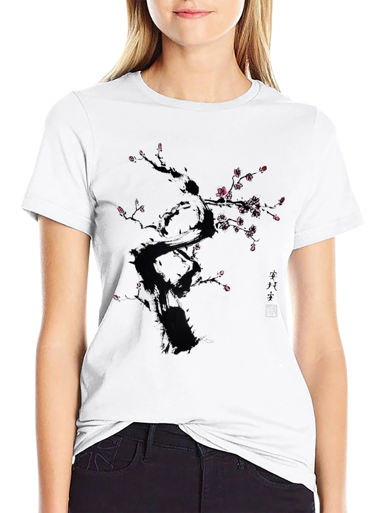 Black T-Shirt with Floral Tree Design