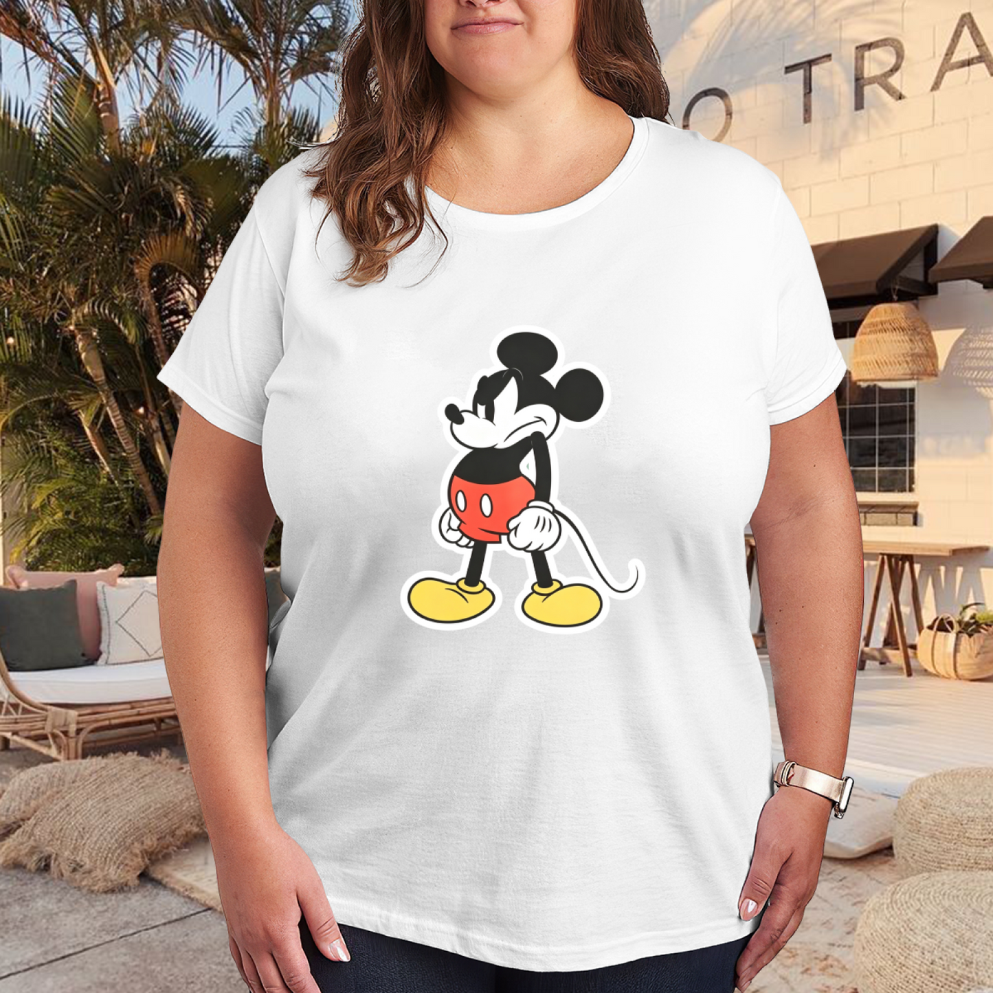 Plus Size Women Angry Classic Mickey Mouse Vintage Cartoon Print Tee