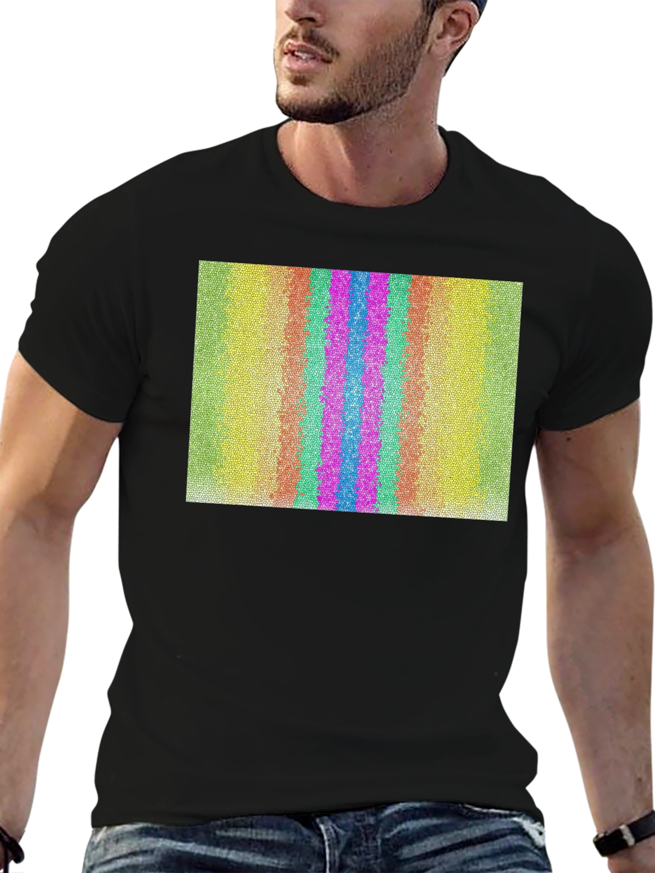Retro Stripe Pattern Graphic Tee - Black