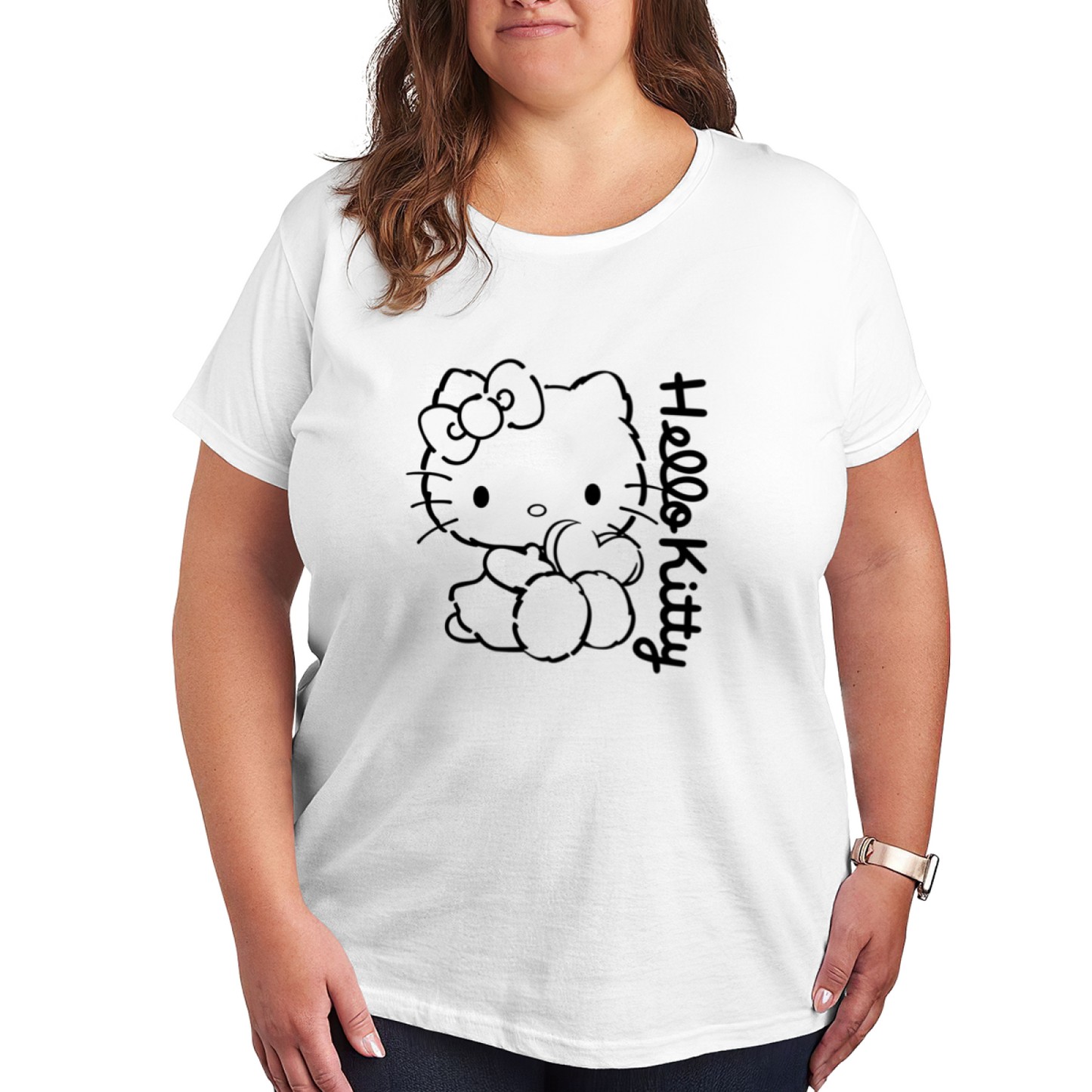 Simple Line?Art Hello Kitty Heart Design Plus Size Women Graphic Tee