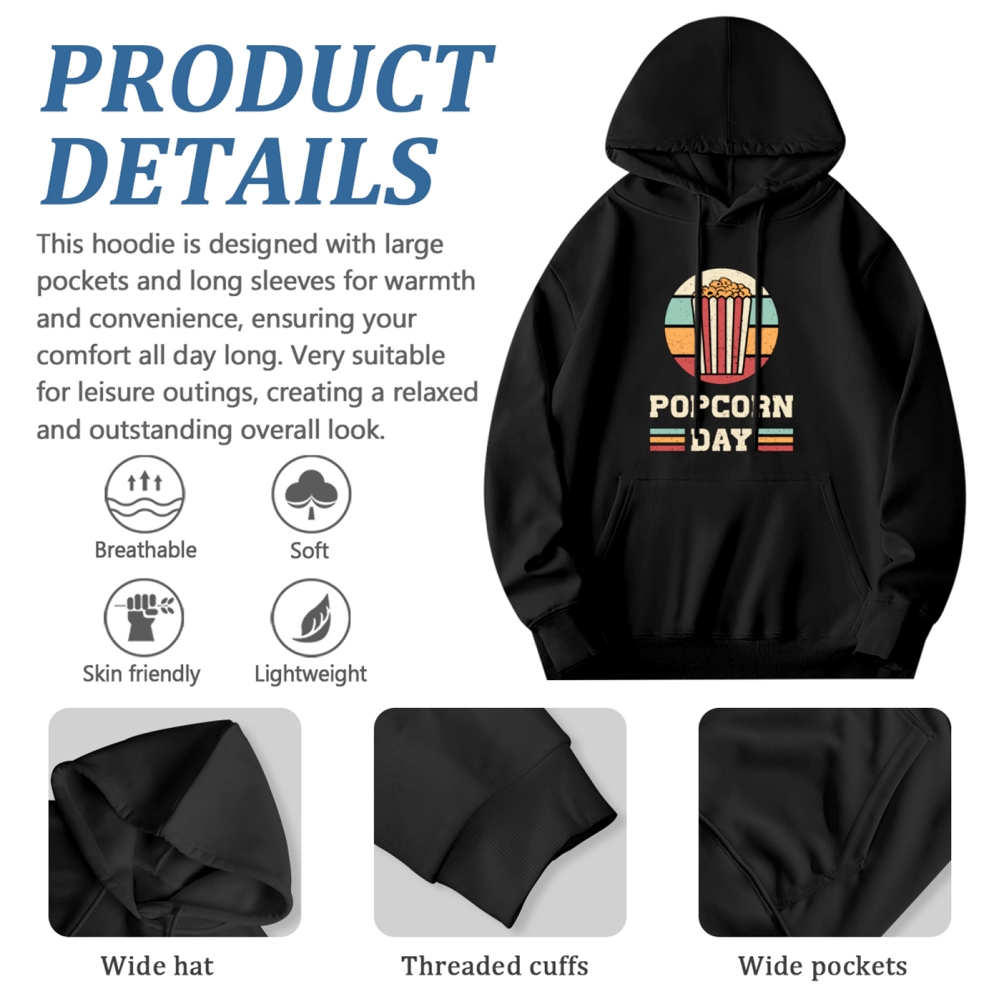 Retro Popcorn Day Vintage Circle Graphic Black Hoodie, Cozy Movie Lover Pullover