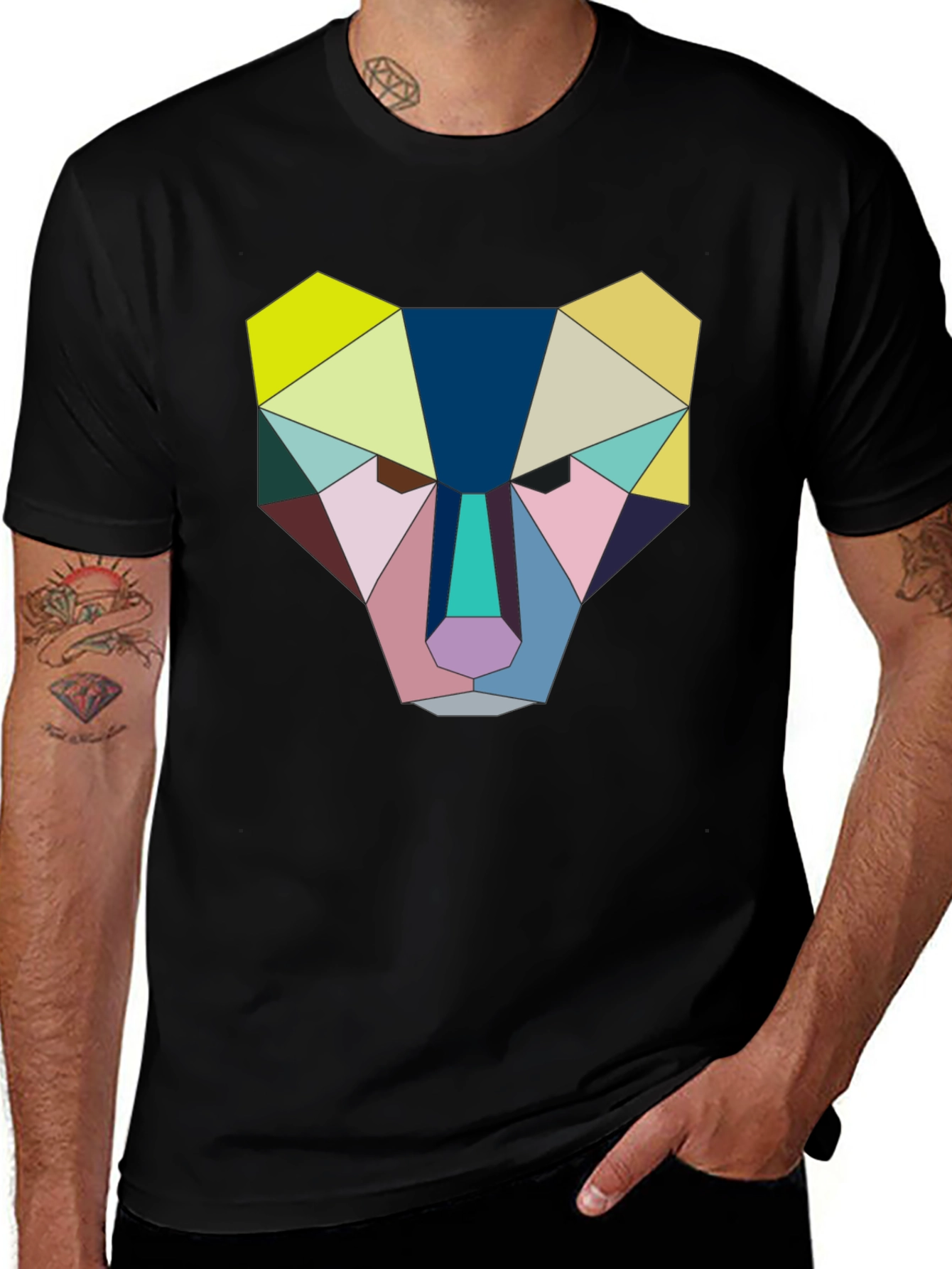 Geometric Animal Face Graphic Tee - Black