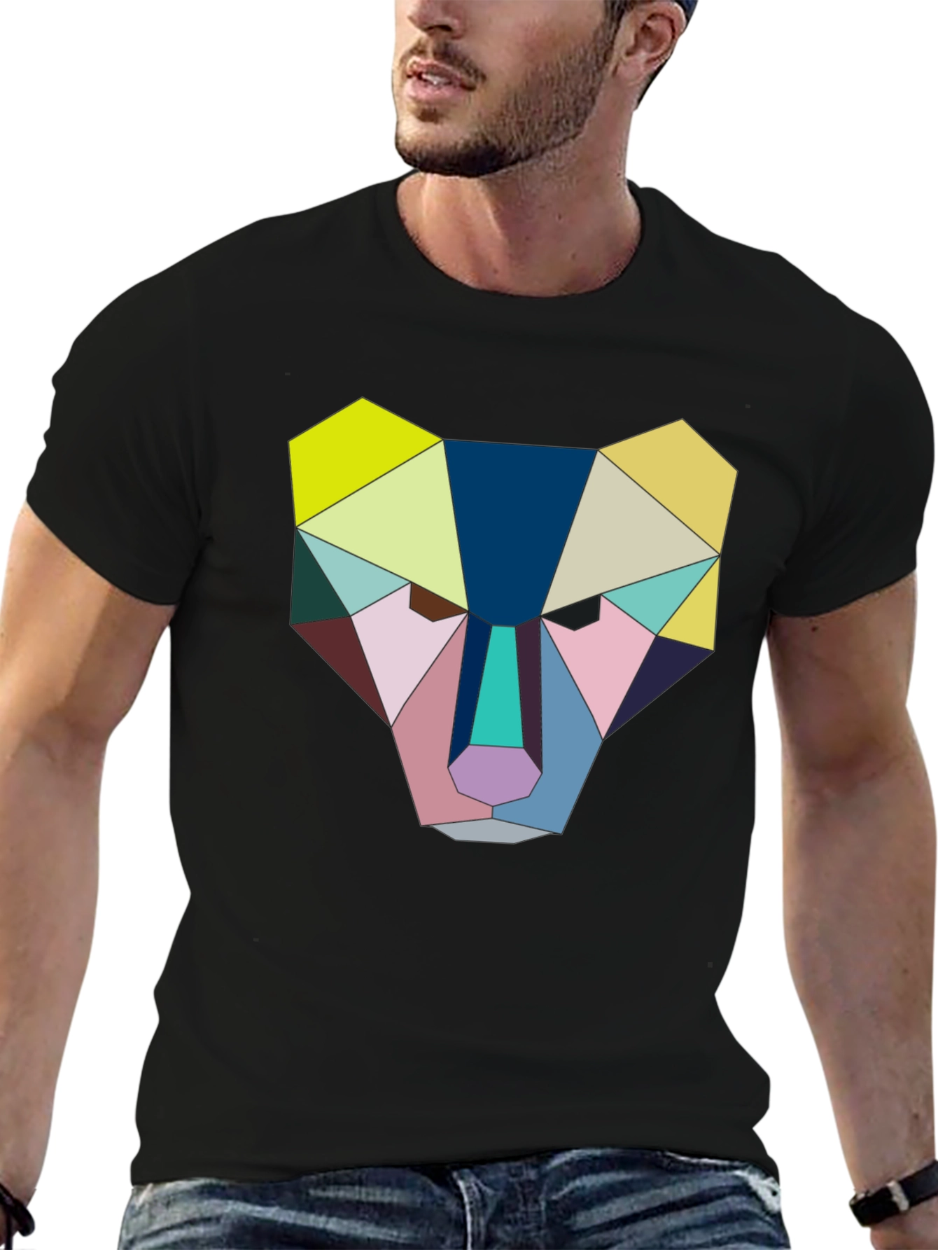 Geometric Animal Face Graphic Tee - Black