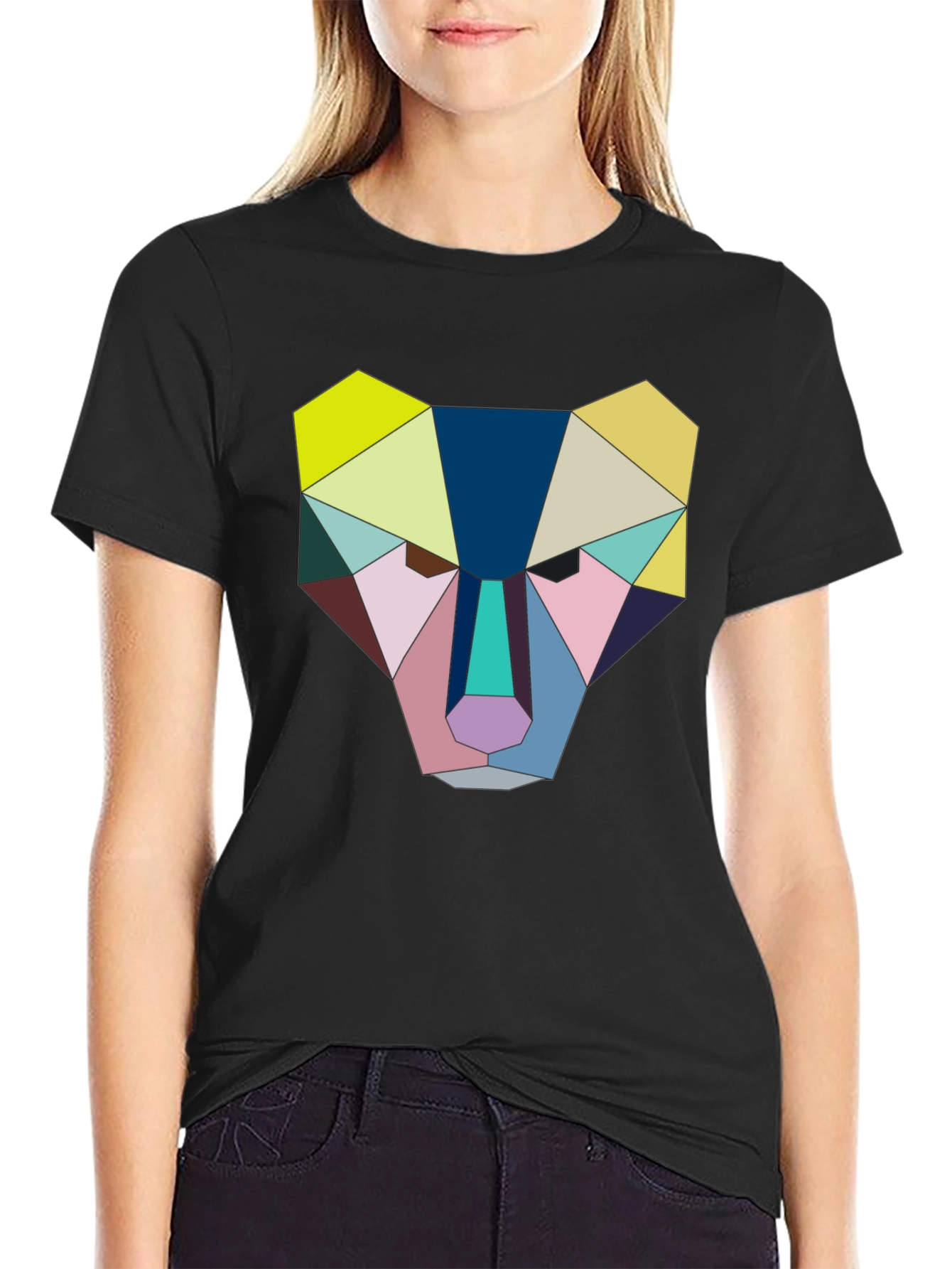 Geometric Animal Face Graphic Tee - Black