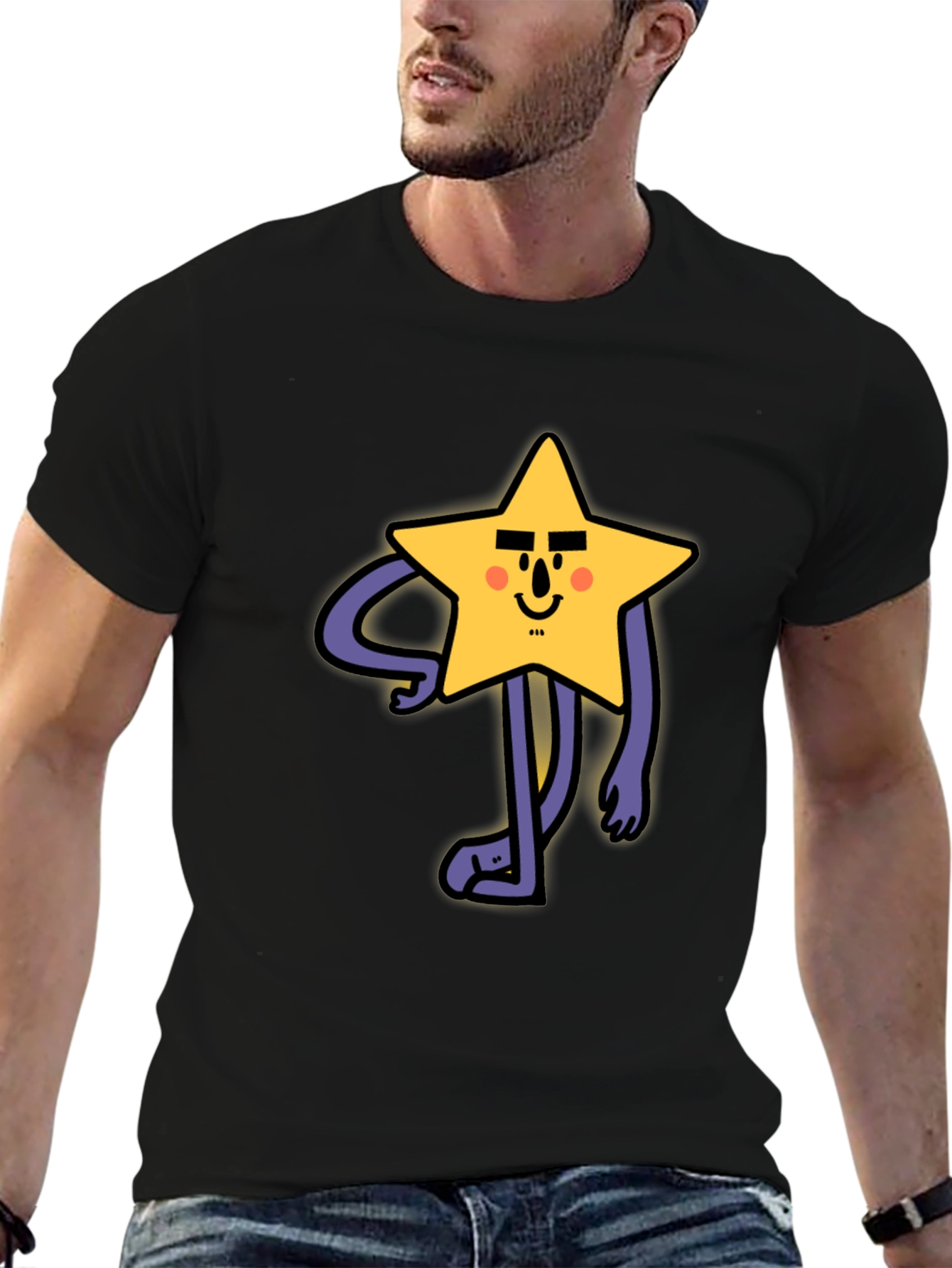 Funny Star Character Graphic Print Black T-Shirt
