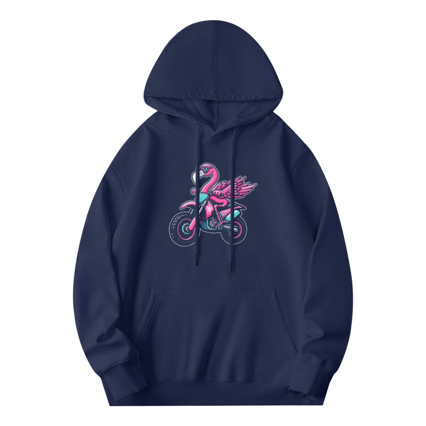 Cool Flamingo Riding Motorcycle Vibrant Graphic Soft Hoodie, Trendy Casual