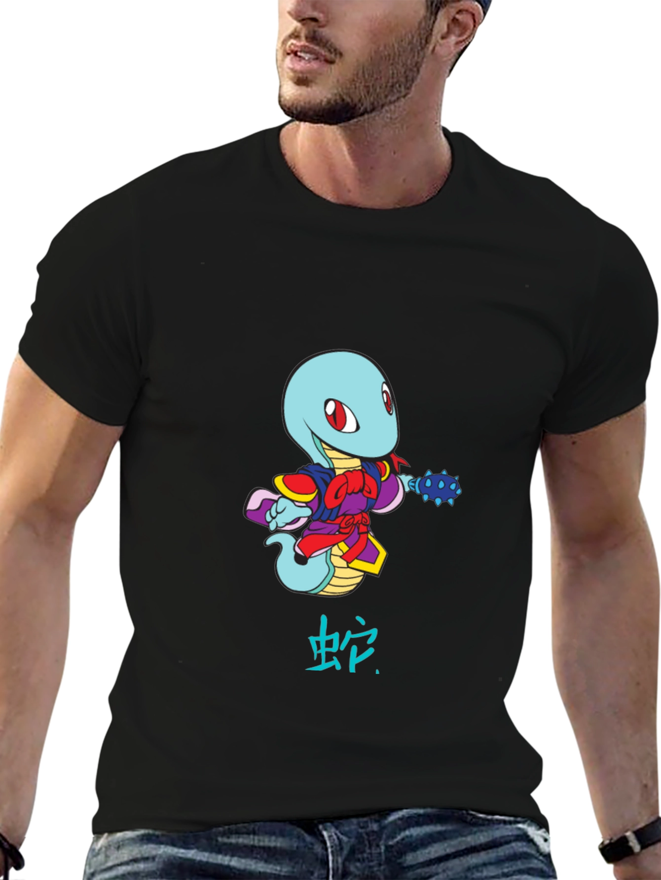 Cartoon Snake Warrior Black T-Shirt