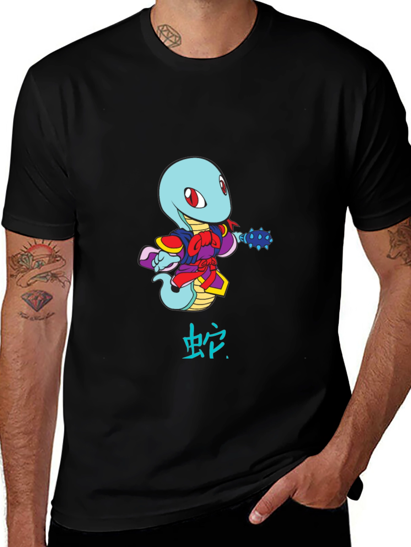 Cartoon Snake Warrior Black T-Shirt
