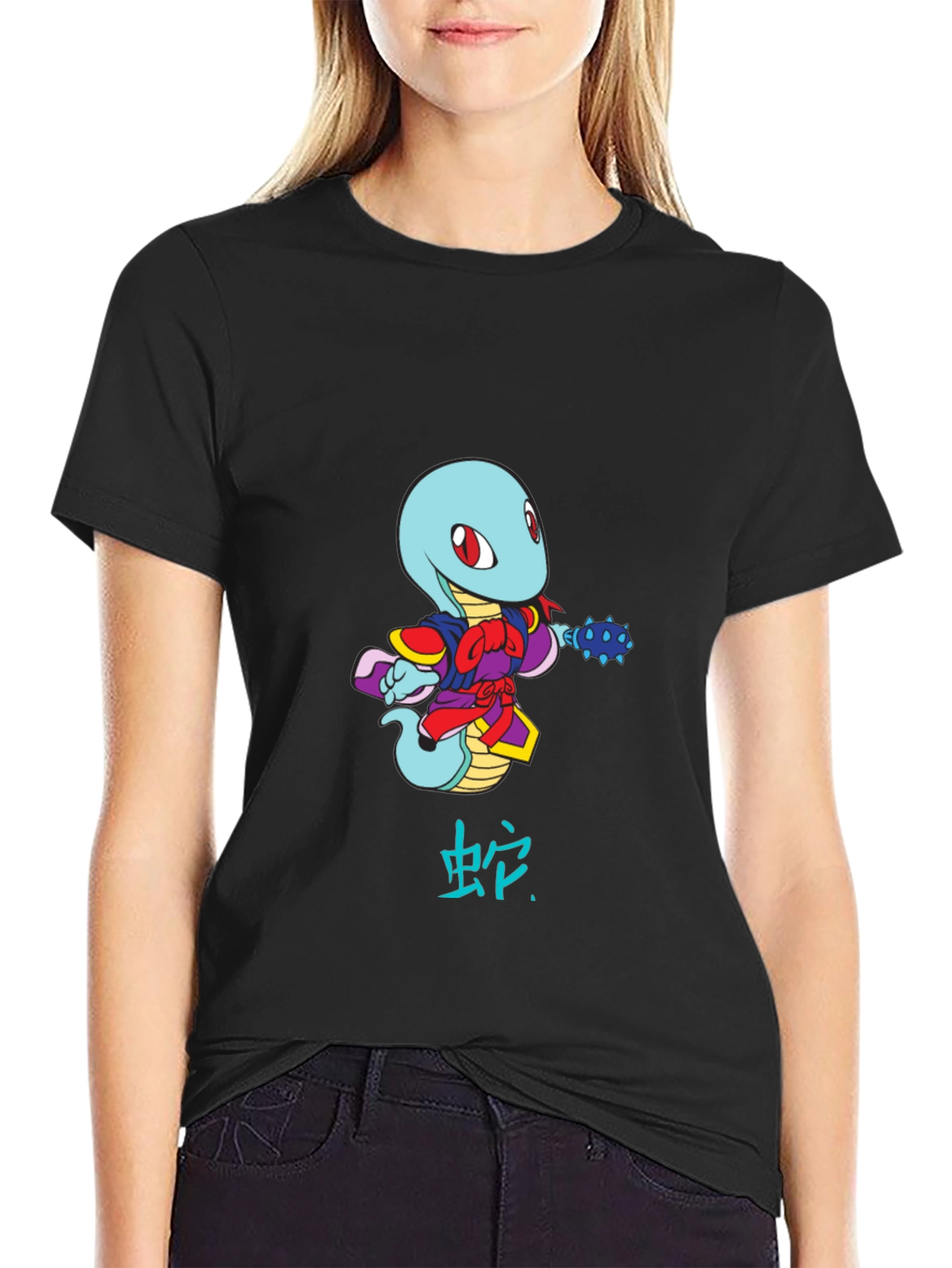 Cartoon Snake Warrior Black T-Shirt