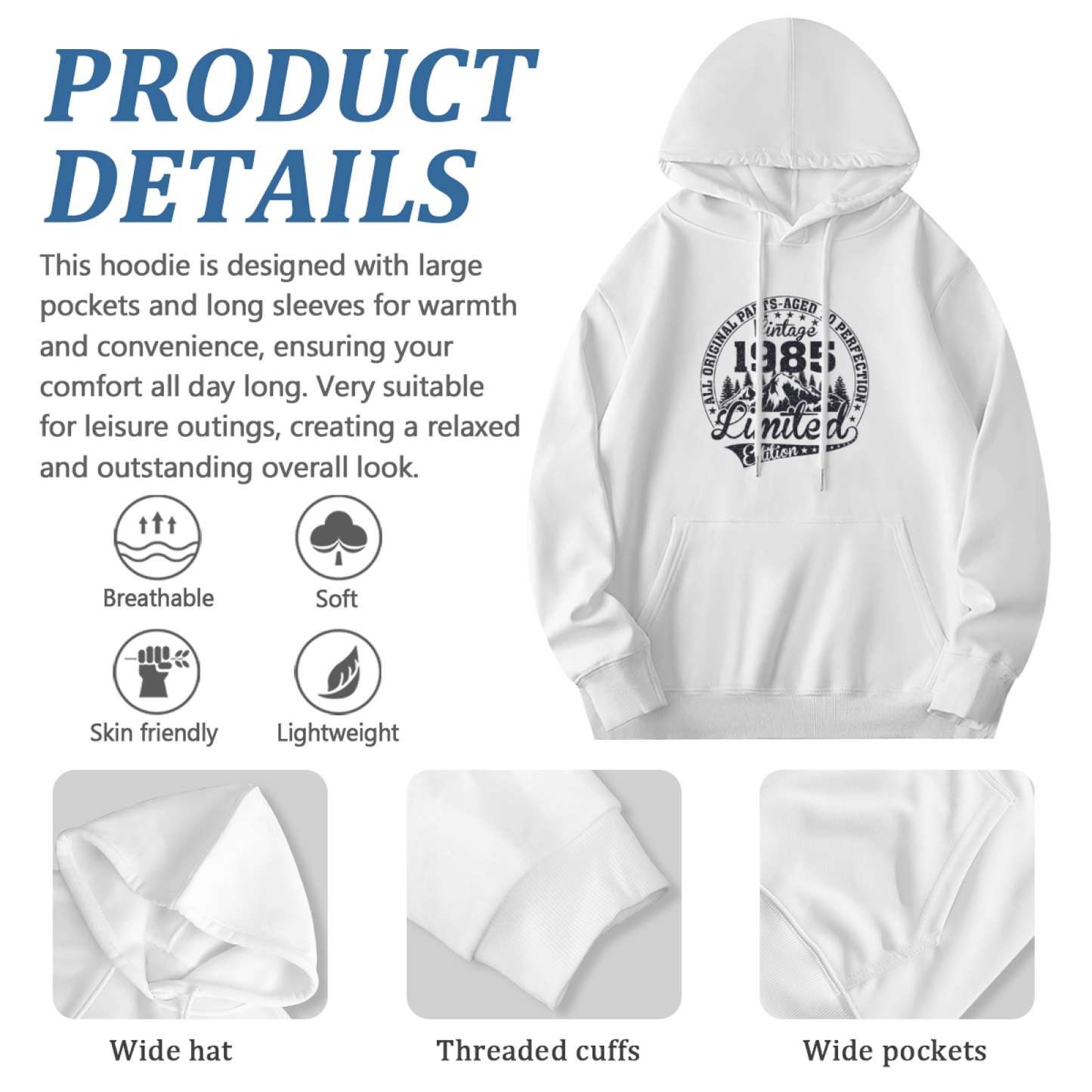 Vintage 1985 Limited Edition Cozy White Hoodie, Retro Comfort Top