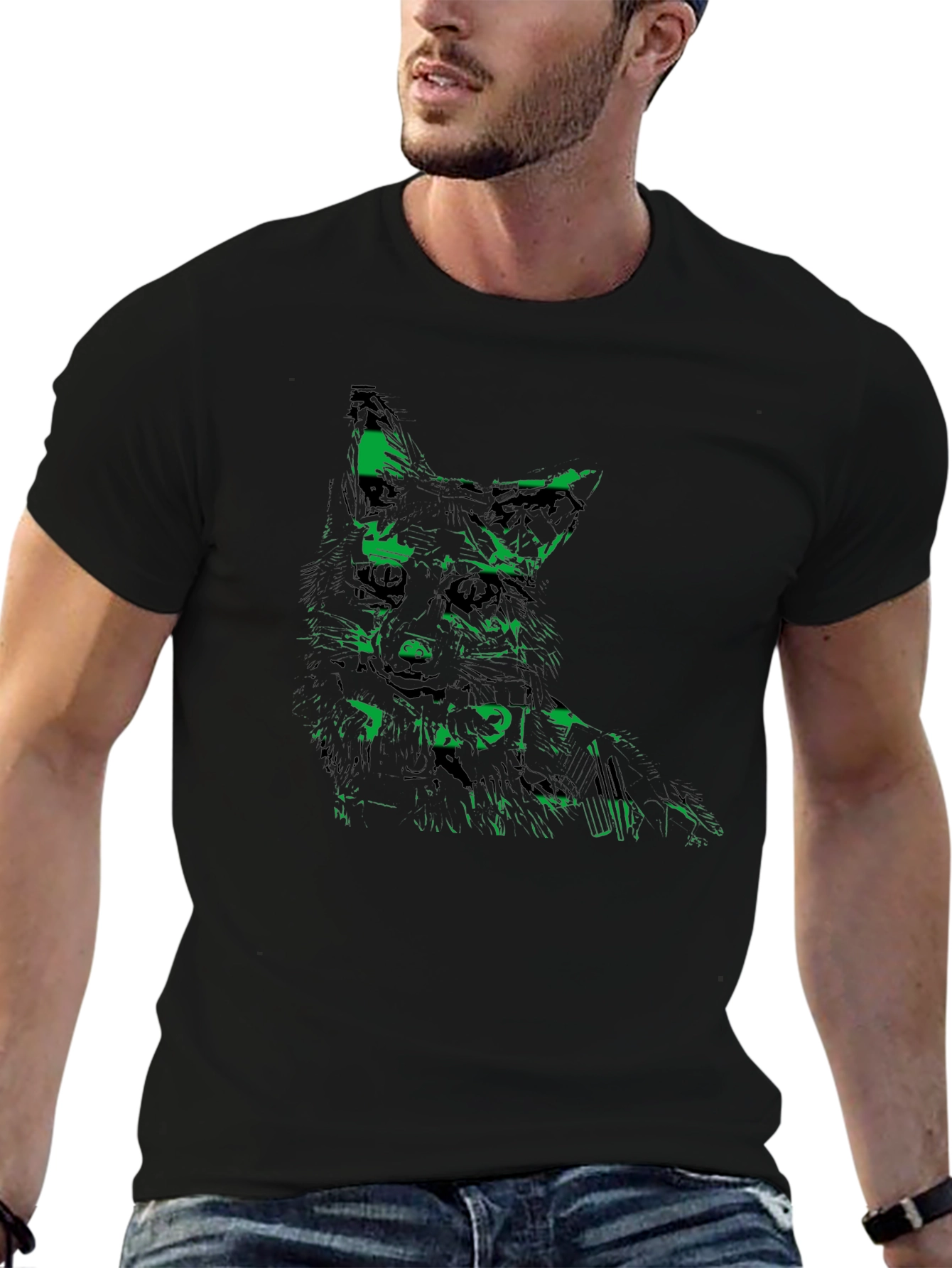 Green Fox Graphic Black Tee - Unique Mens T-Shirt