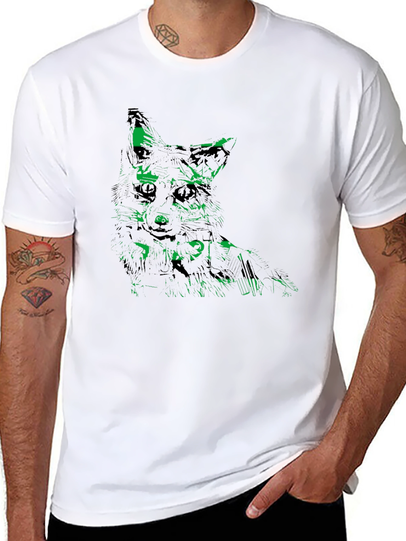 Green Fox Graphic Black Tee - Unique Mens T-Shirt