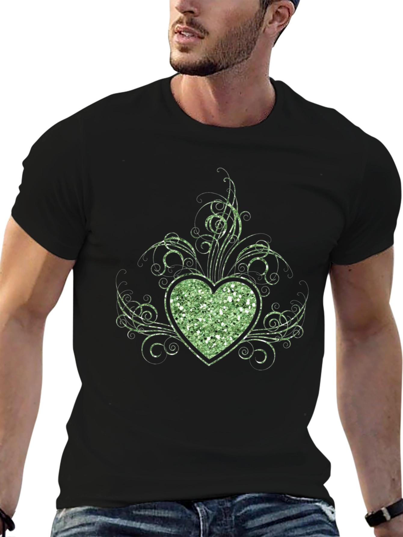 Glitter Heart Graphic Black T-Shirt