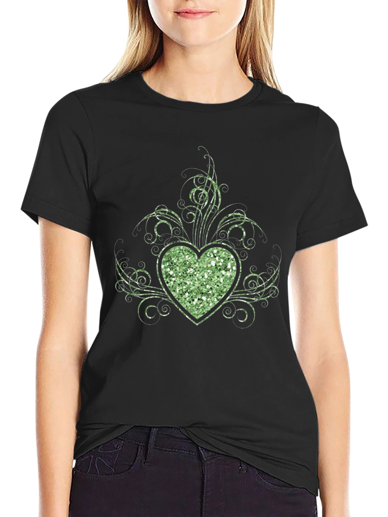Glitter Heart Graphic Black T-Shirt