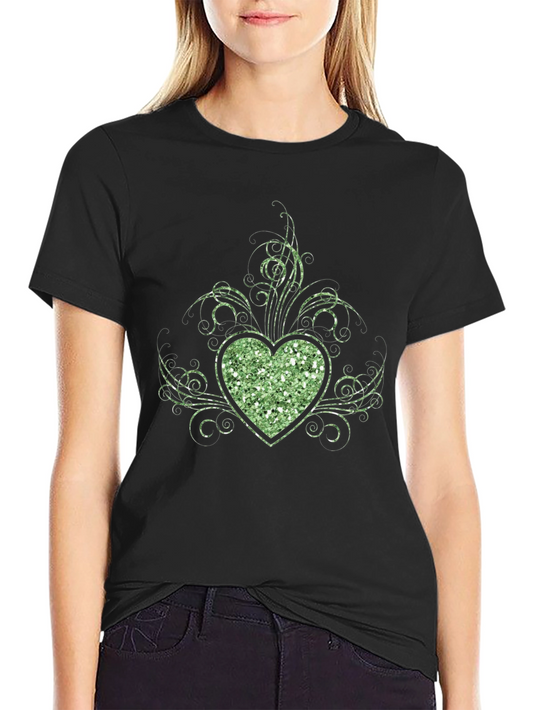 Glitter Heart Graphic Black T-Shirt