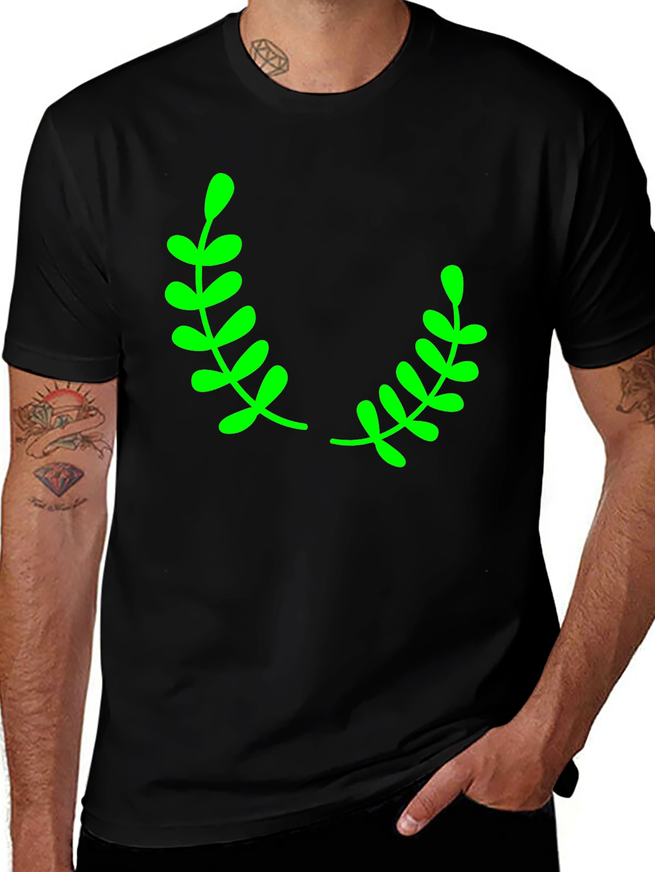 Black T-Shirt with Green Laurel Leaf Design