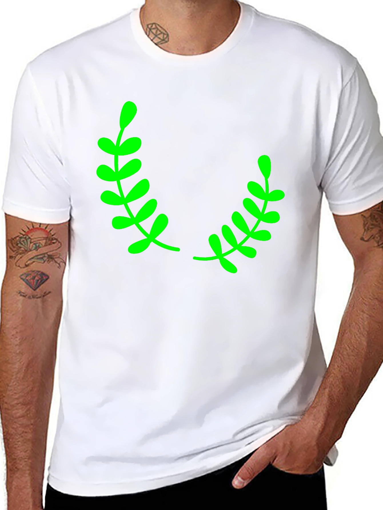Black T-Shirt with Green Laurel Leaf Design