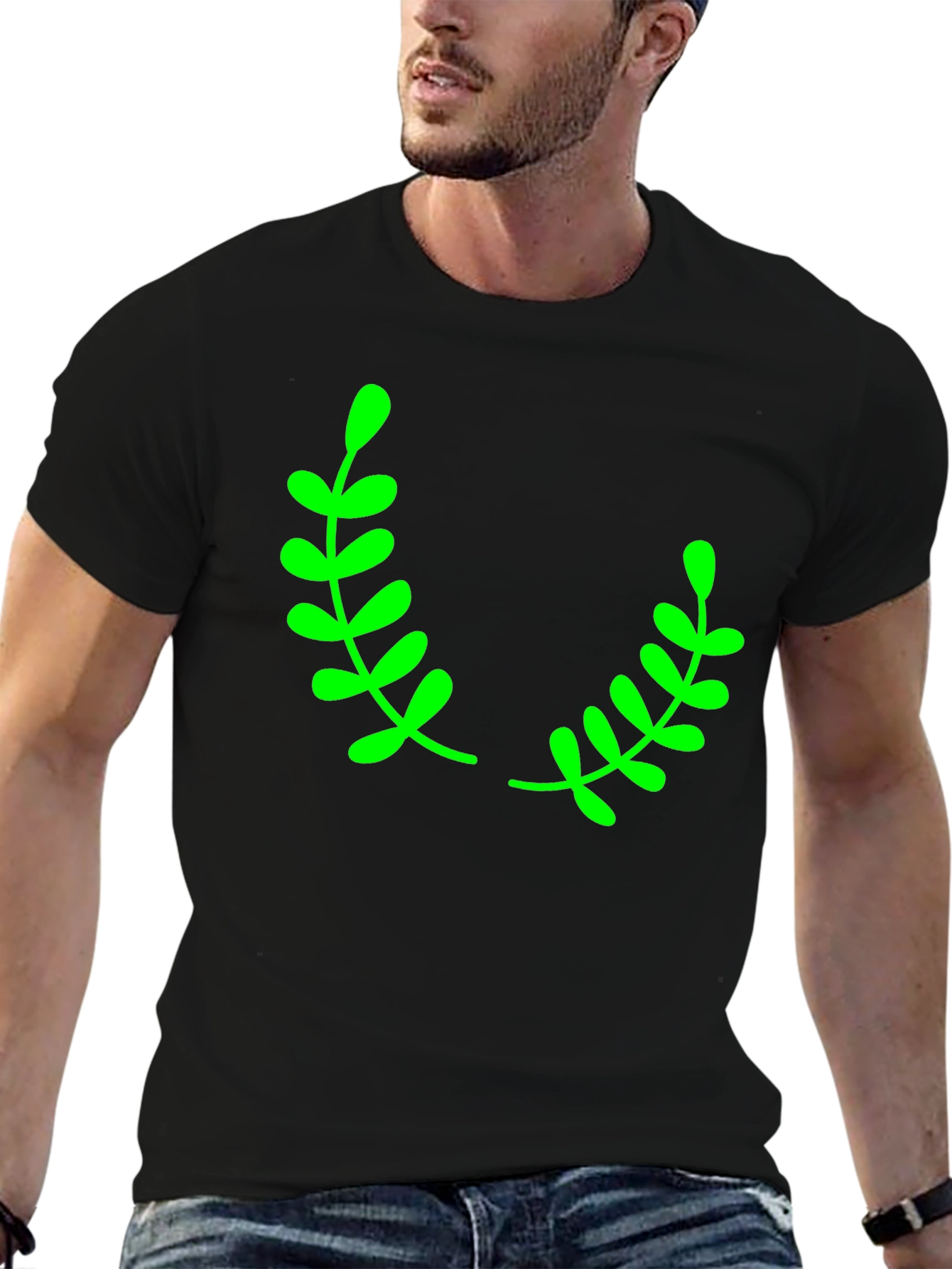 Black T-Shirt with Green Laurel Leaf Design
