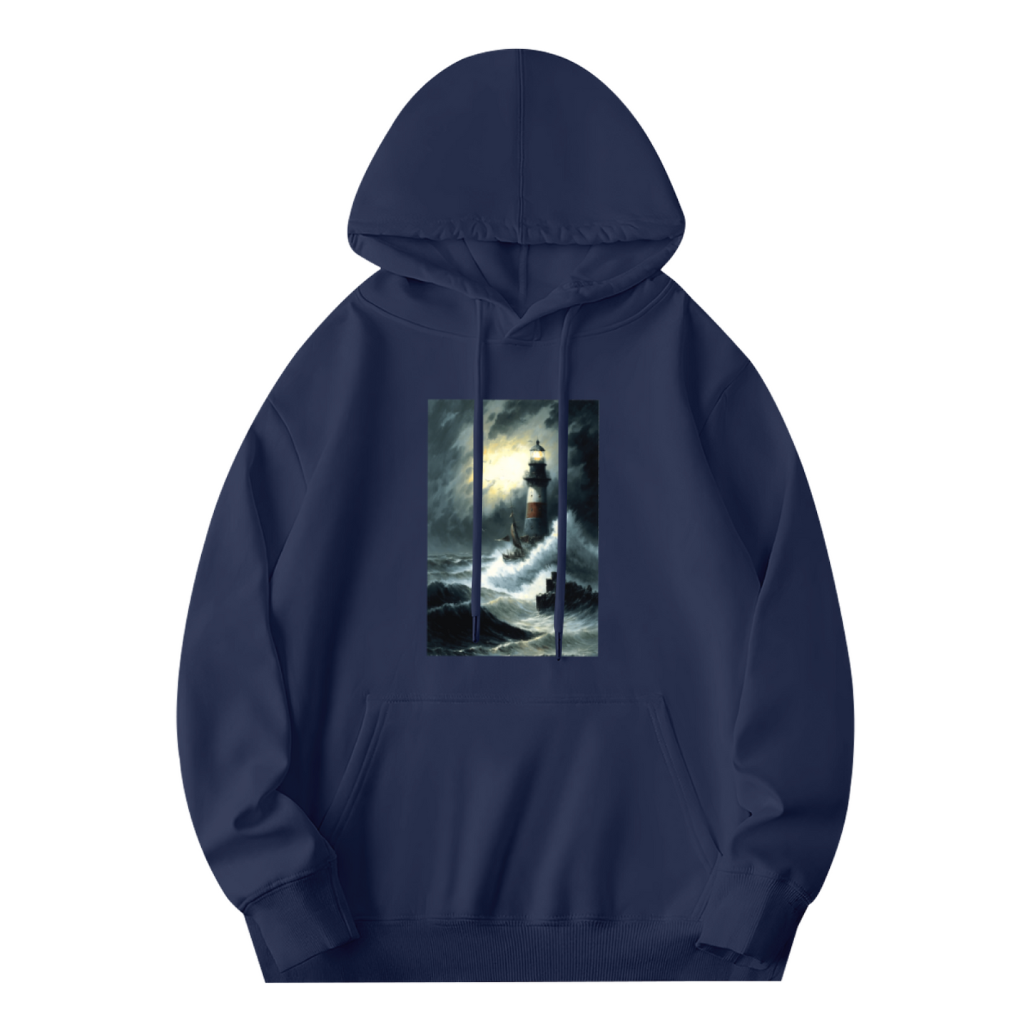 Storm Lighthouse Oil Painting Graphic Hoodie, Relaxed Cozy Navy Pullover Hoodie