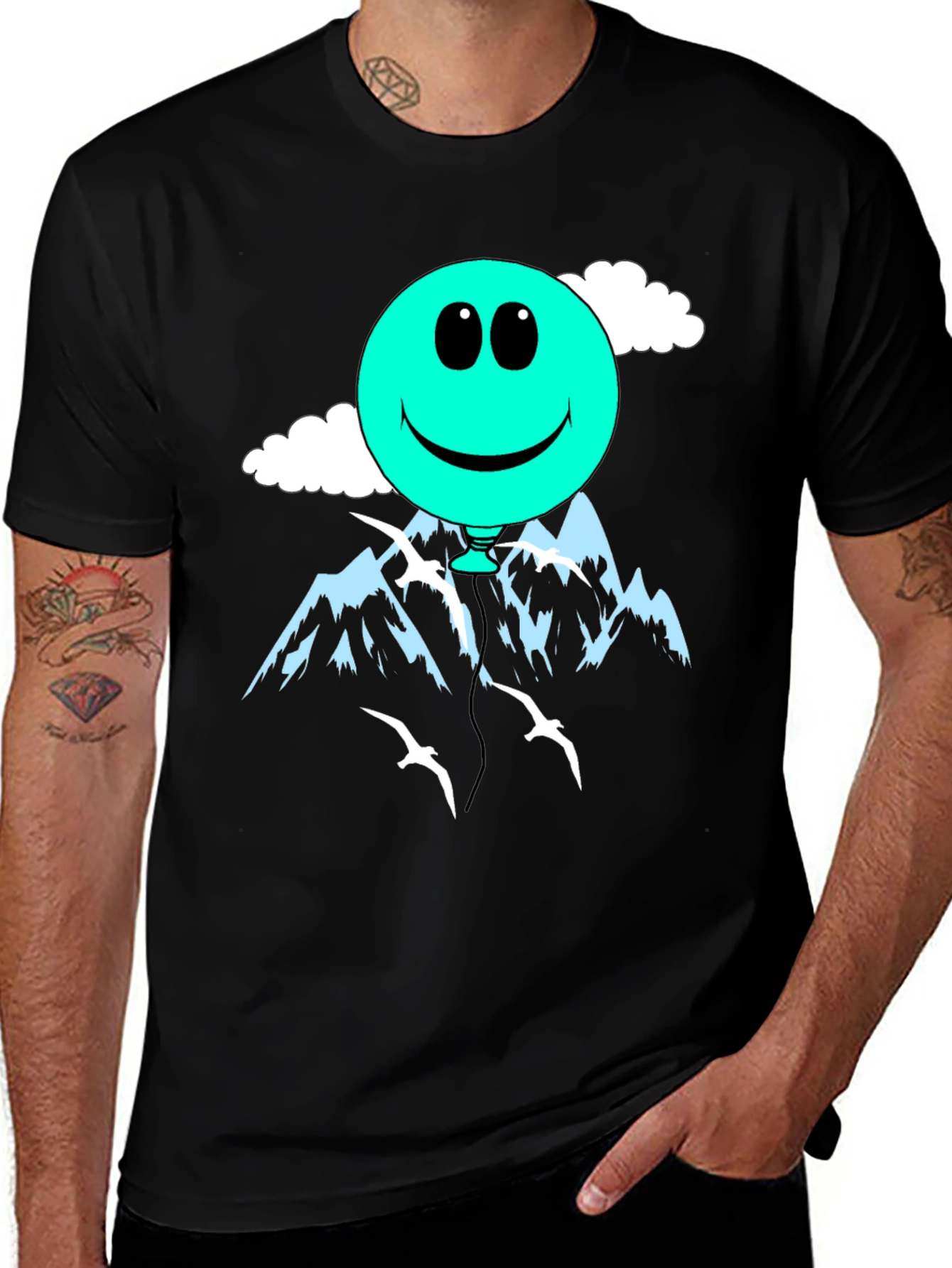 Smiley Balloon Graphic Tee - Black Cotton T-Shirt