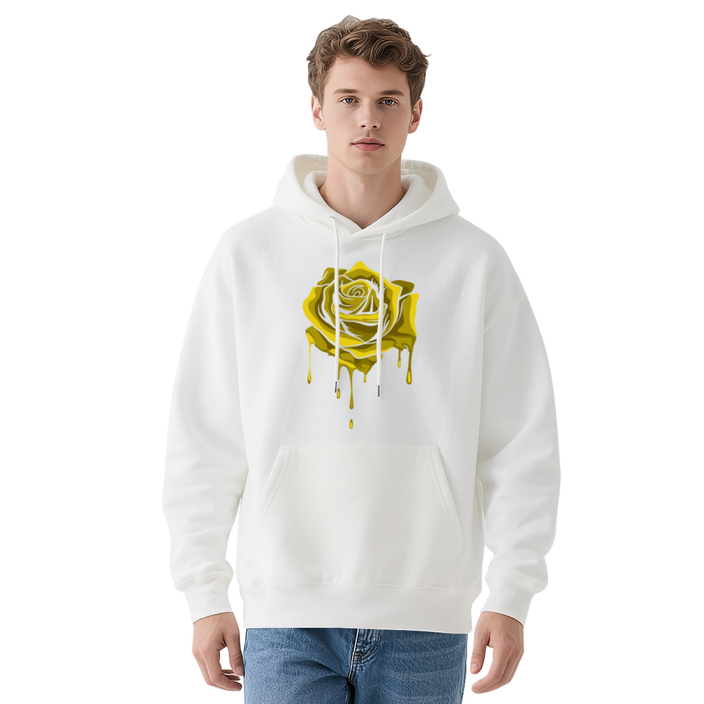 Dripping Yellow Rose Black Graphic Hoodie, Unisex Trendy Comfort Pullover