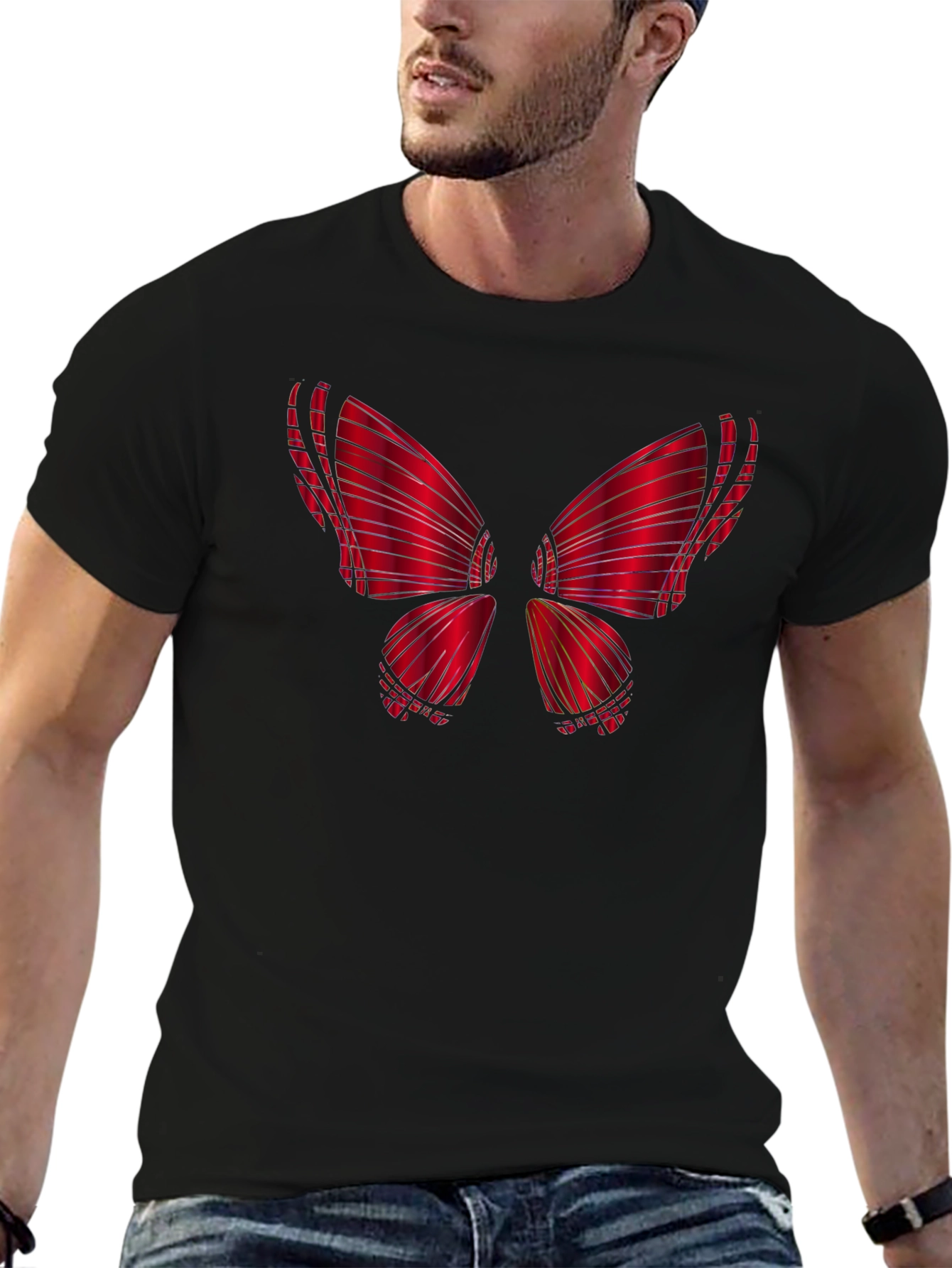 Red Butterfly Graphic Black T-Shirt