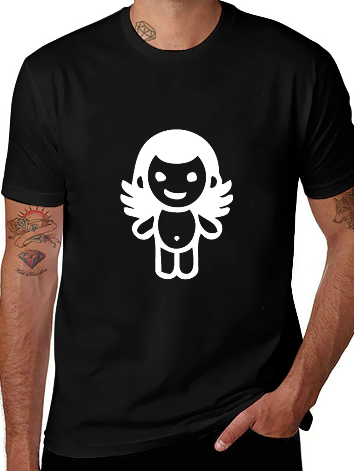 Cute Cartoon Angel Graphic Tee - Black