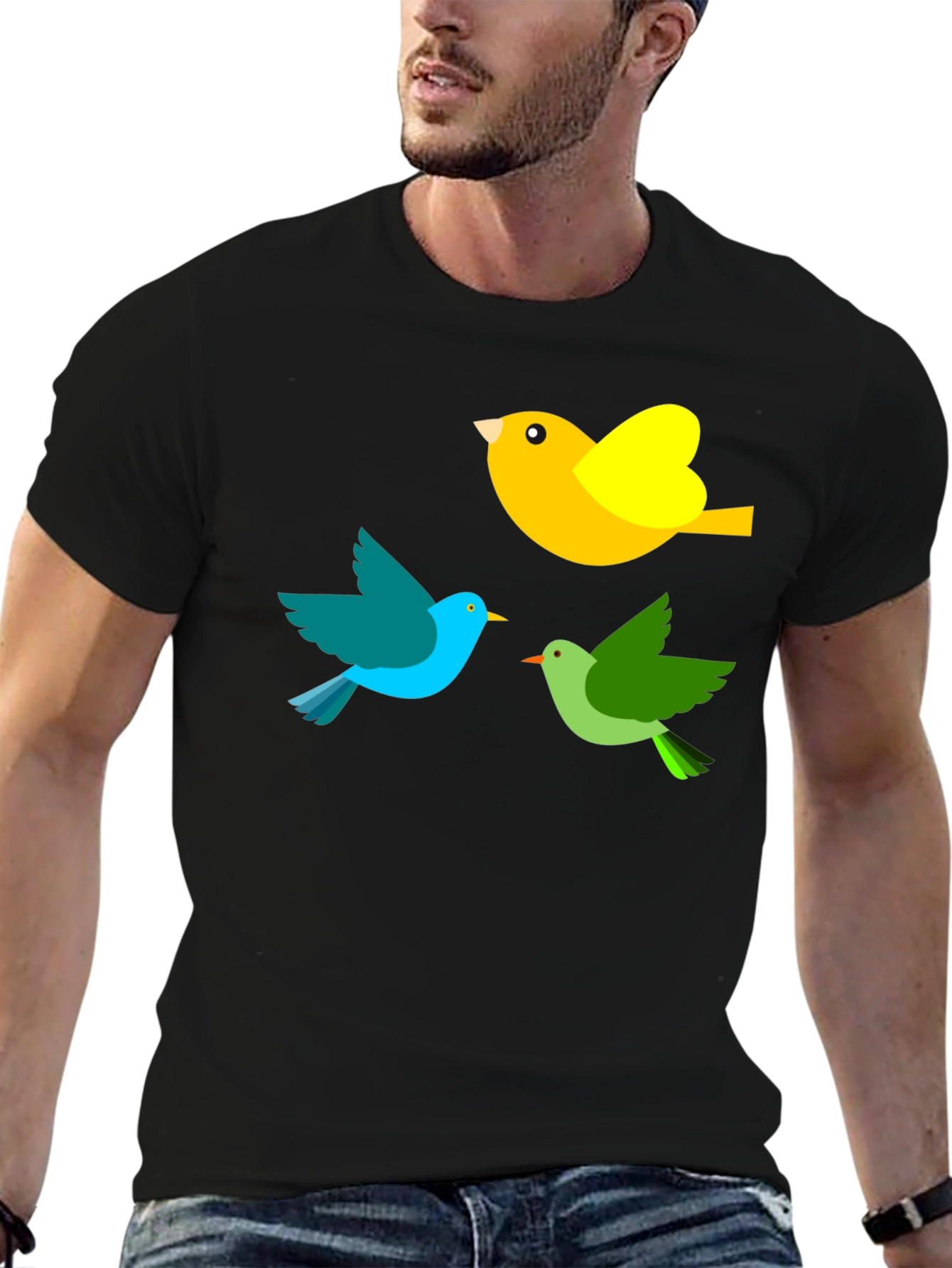 Bird Trio Graphic Tee - Black Cotton T-Shirt