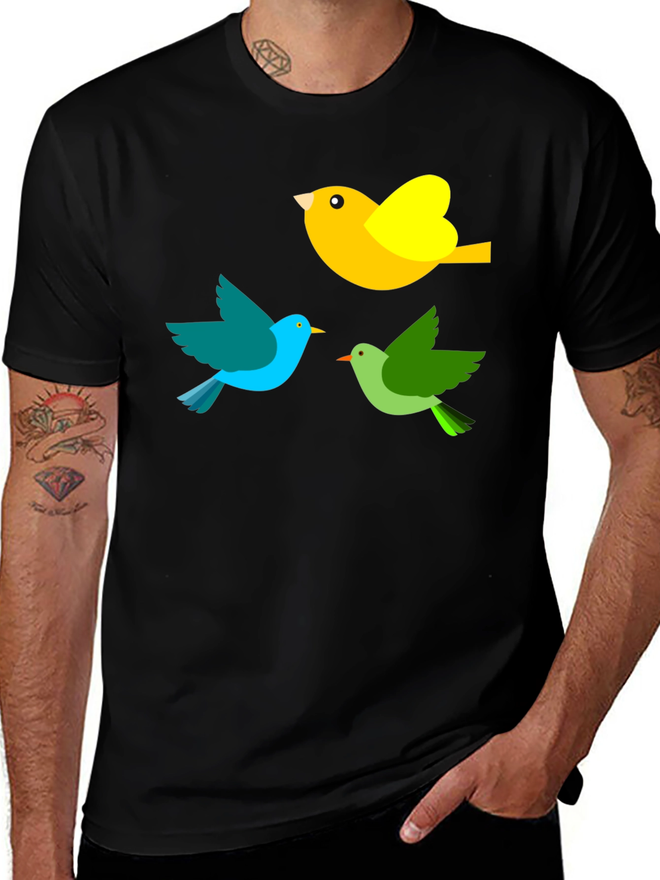 Bird Trio Graphic Tee - Black Cotton T-Shirt