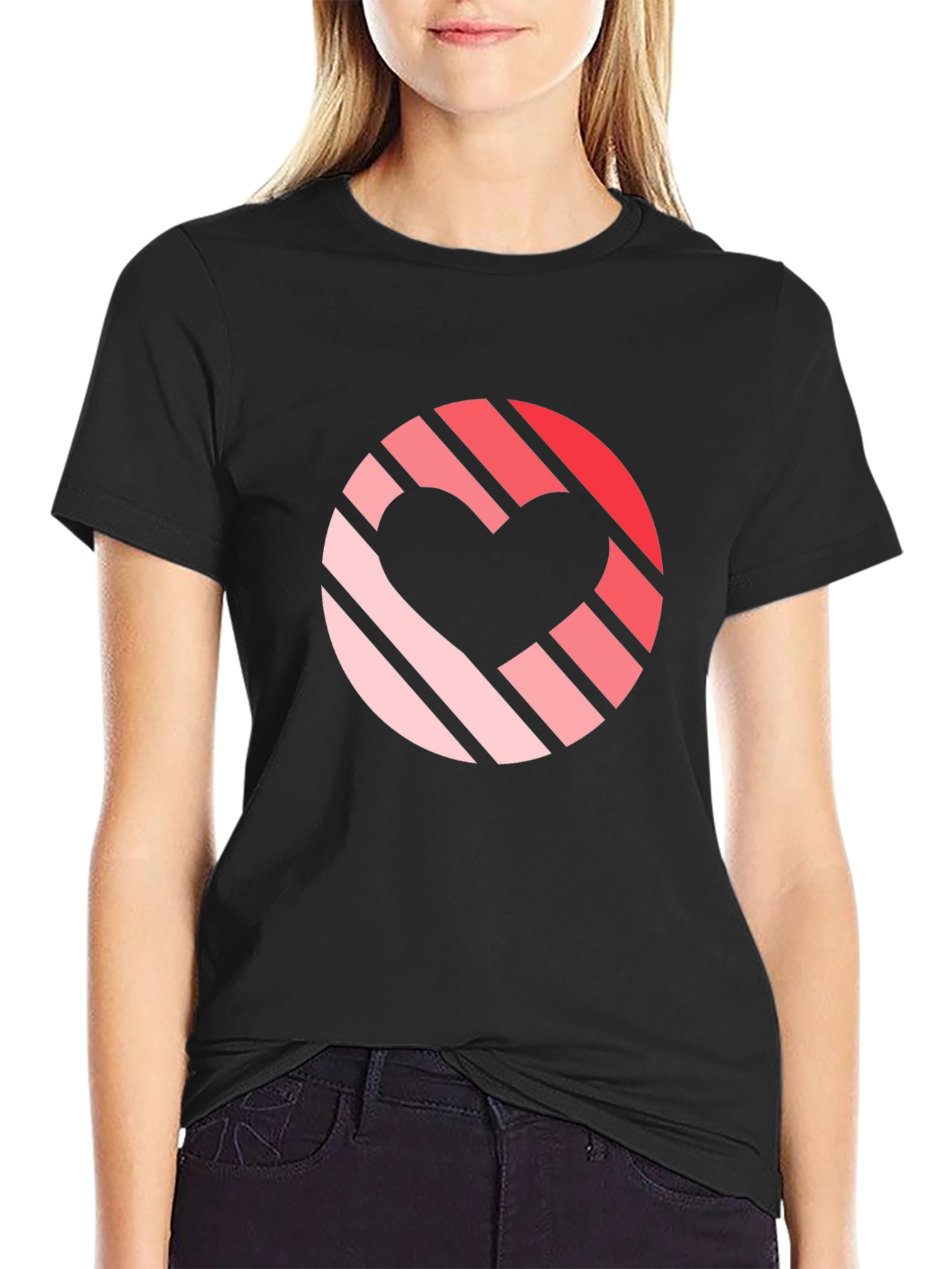 Striped Heart Graphic Black T-Shirt