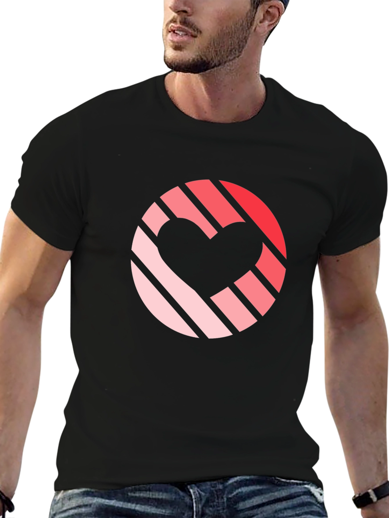 Striped Heart Graphic Black T-Shirt