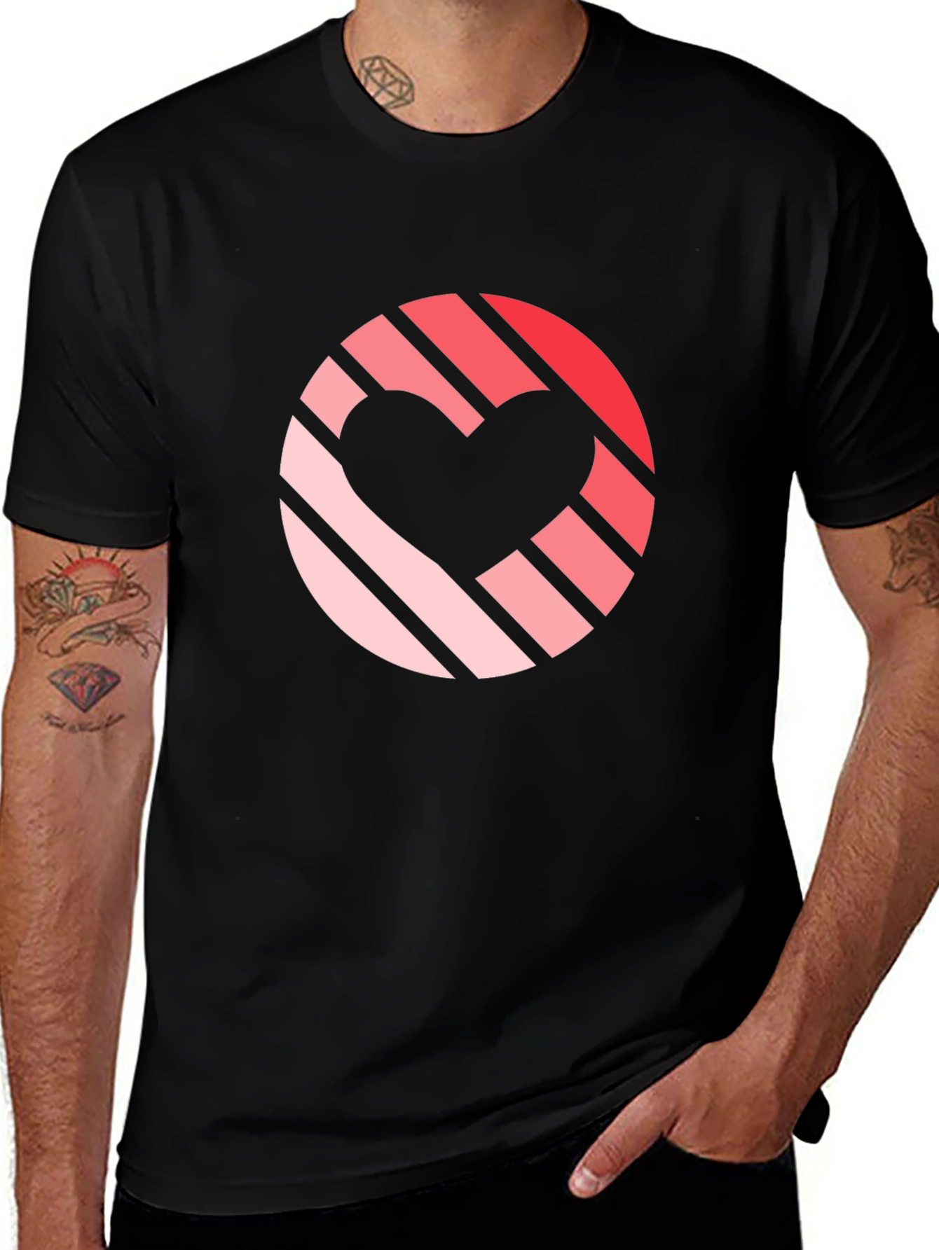 Striped Heart Graphic Black T-Shirt