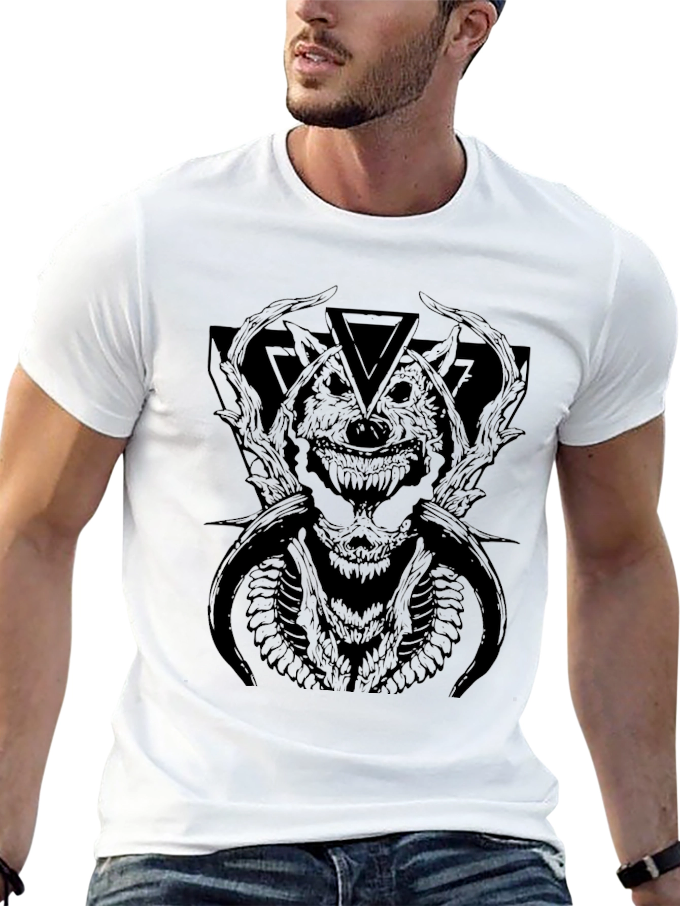 Mens Black Graphic Tee - Wolf Demon Design
