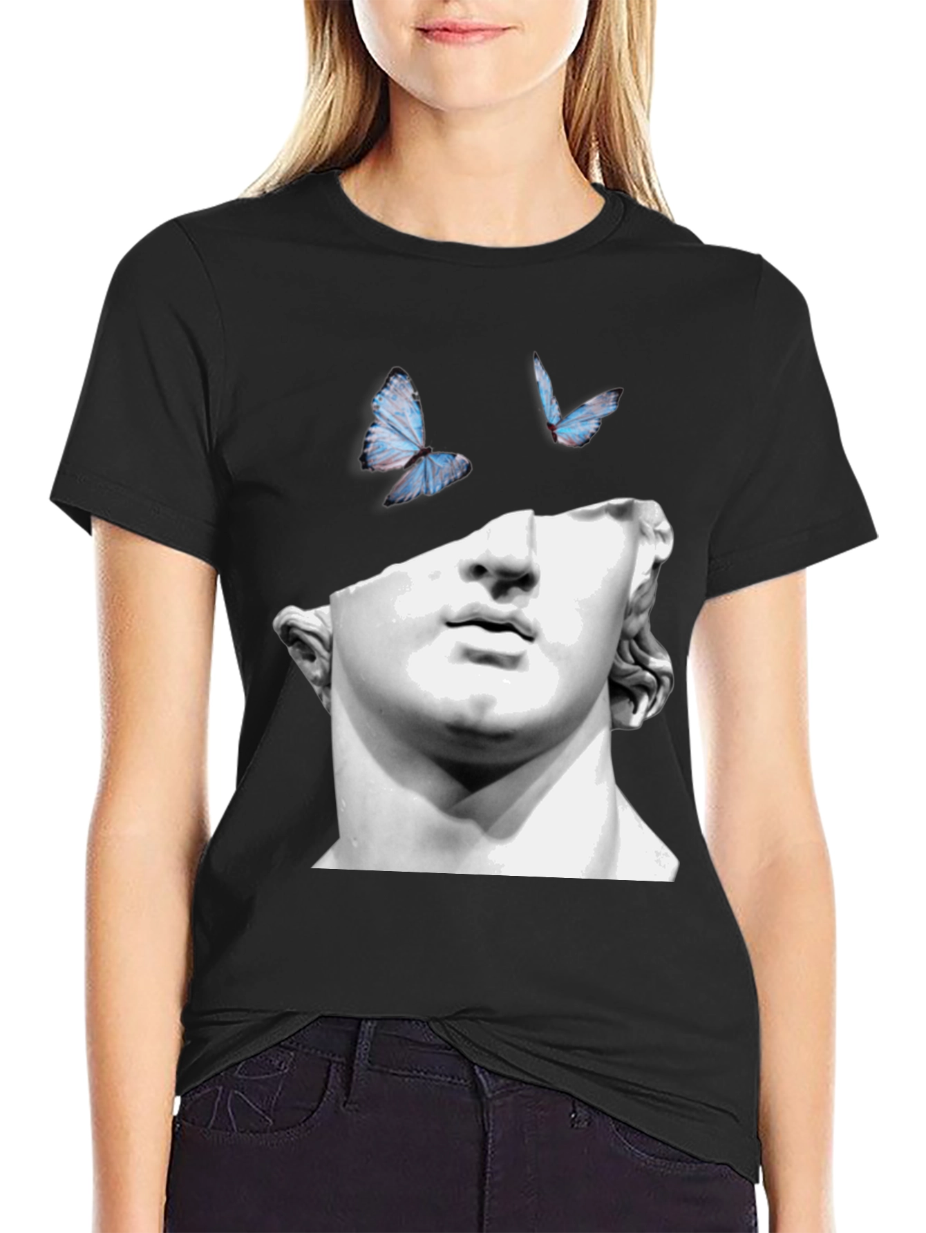 Sculpture & Butterfly Graphic Black T-Shirt