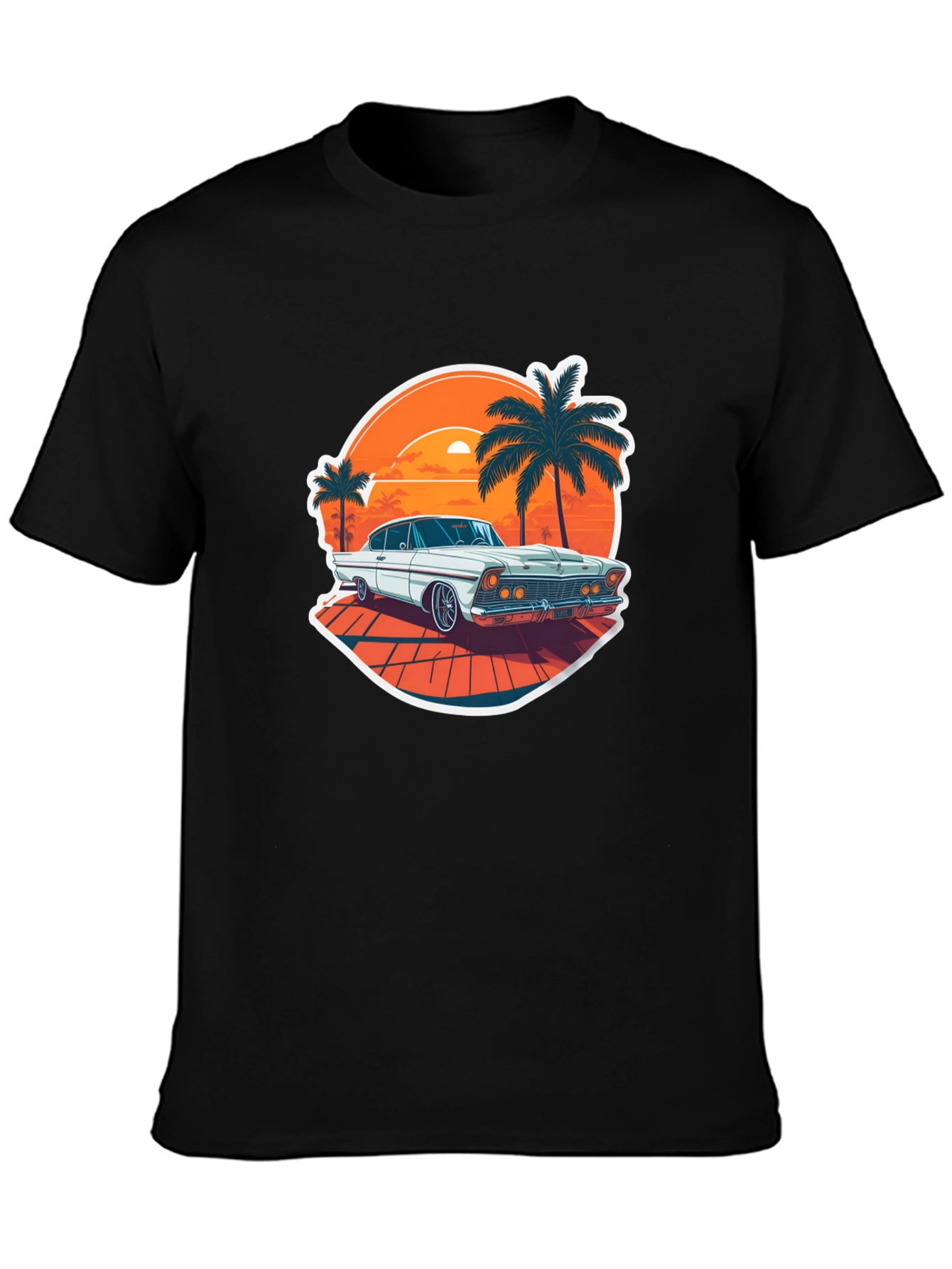 Retro Car & Palm Tree Graphic Tee - Black