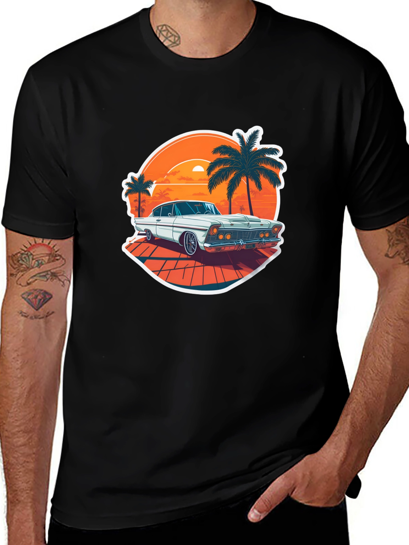 Retro Car & Palm Tree Graphic Tee - Black