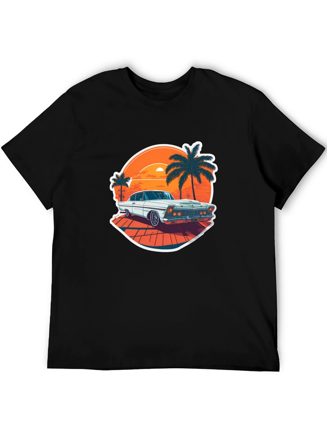 Retro Car & Palm Tree Graphic Tee - Black