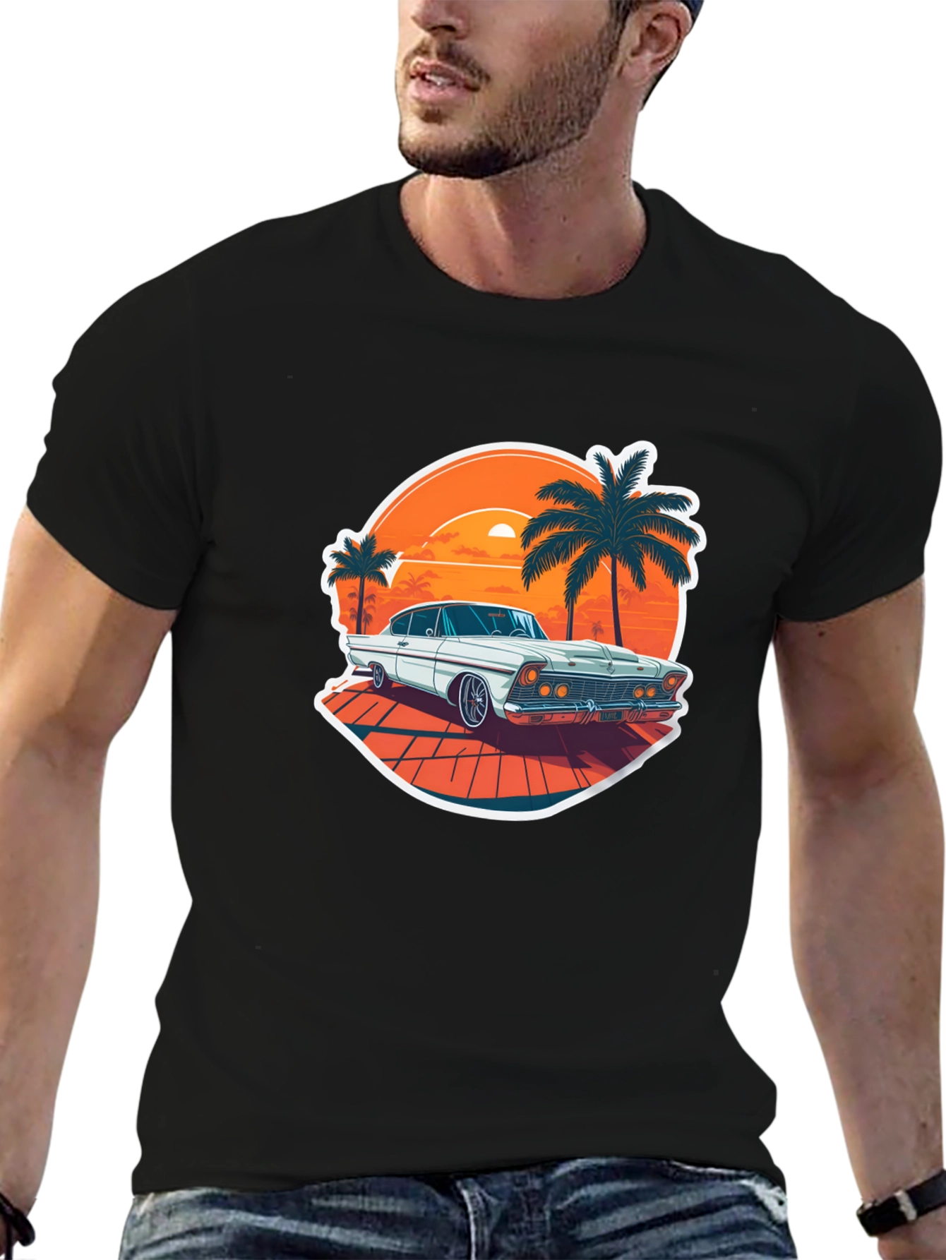 Retro Car & Palm Tree Graphic Tee - Black