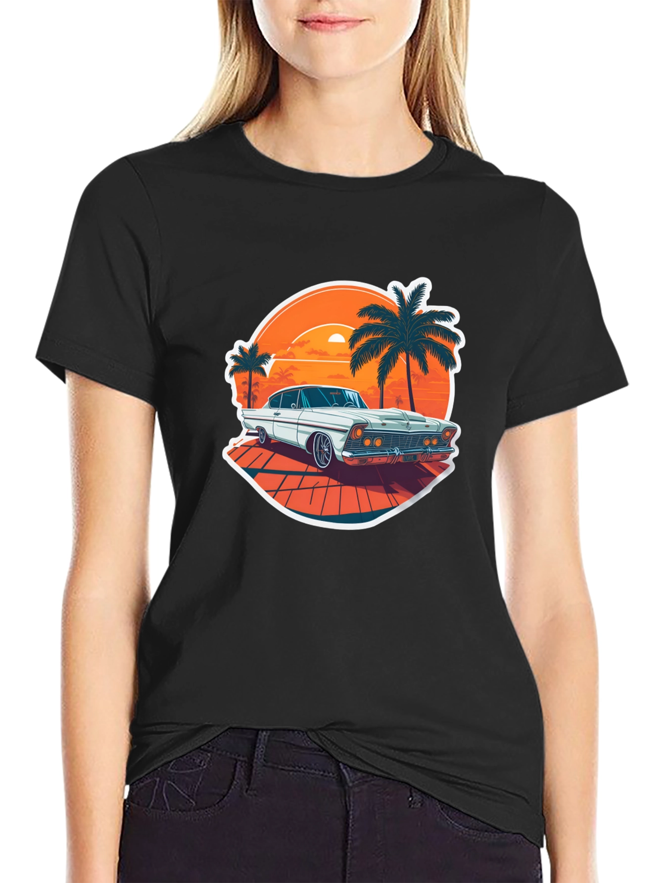 Retro Car & Palm Tree Graphic Tee - Black