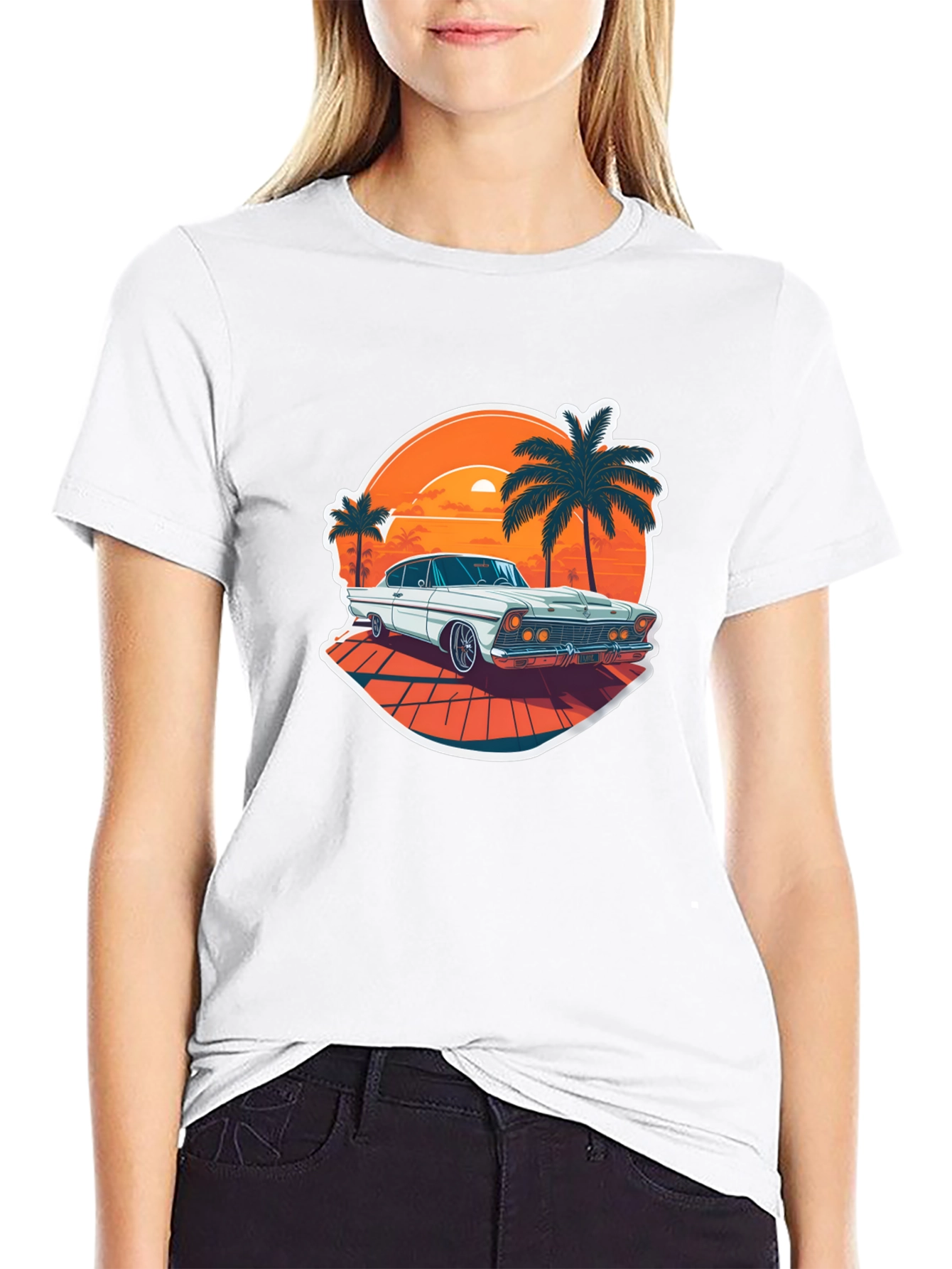 Retro Car & Palm Tree Graphic Tee - Black