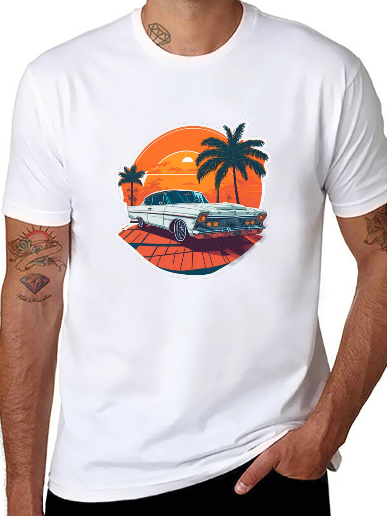 Retro Car & Palm Tree Graphic Tee - Black