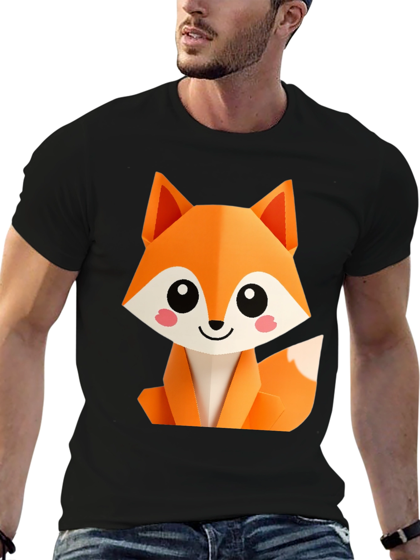 Cute Origami Fox Graphic Tee - Black
