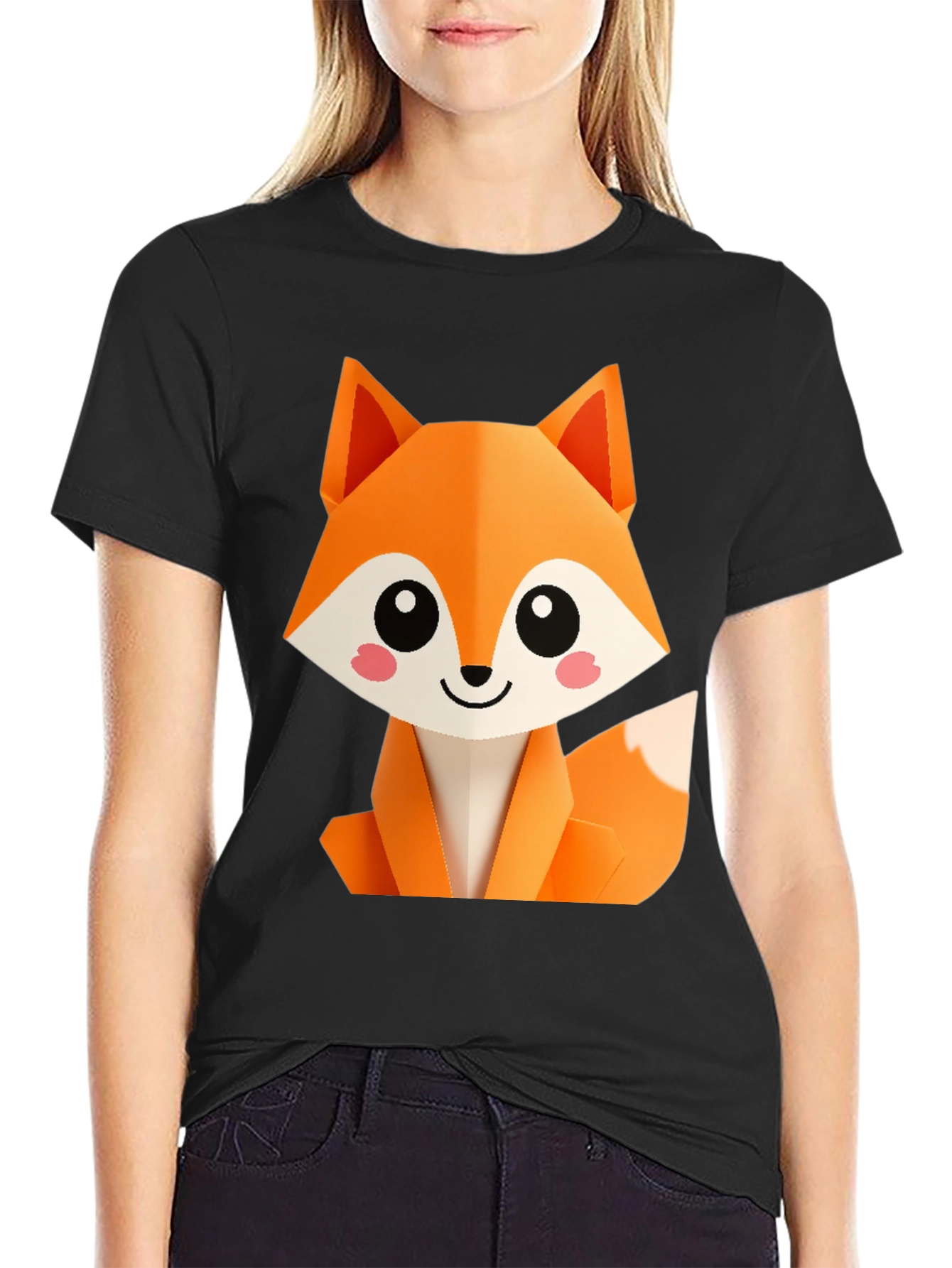 Cute Origami Fox Graphic Tee - Black