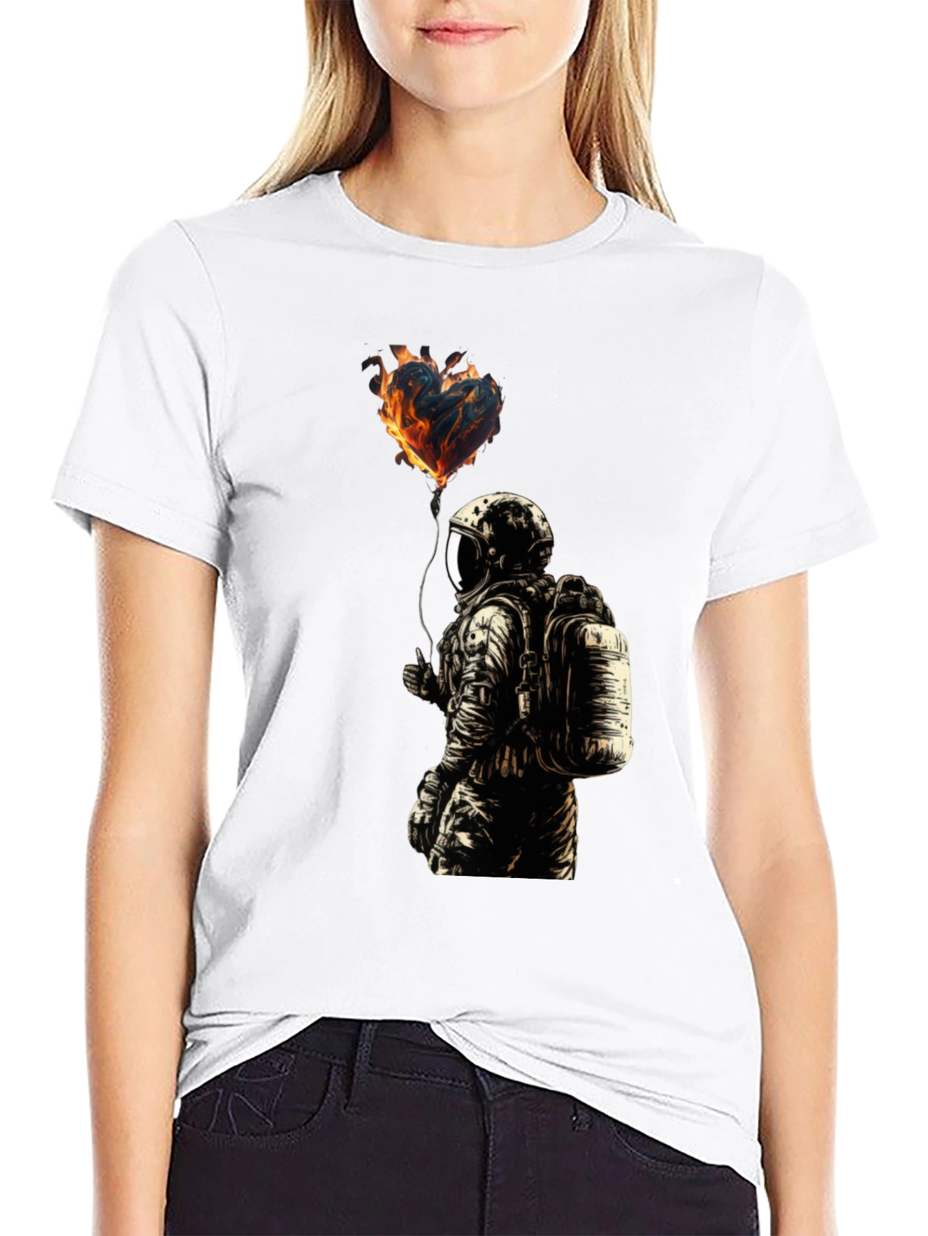 Flaming Heart Astronaut Graphic Tee - Black