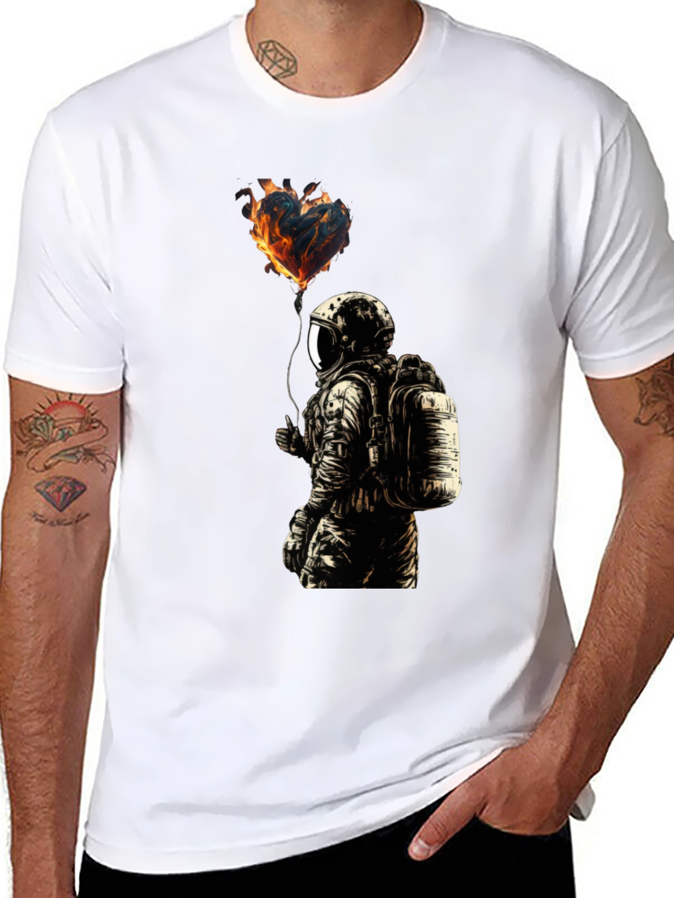 Flaming Heart Astronaut Graphic Tee - Black