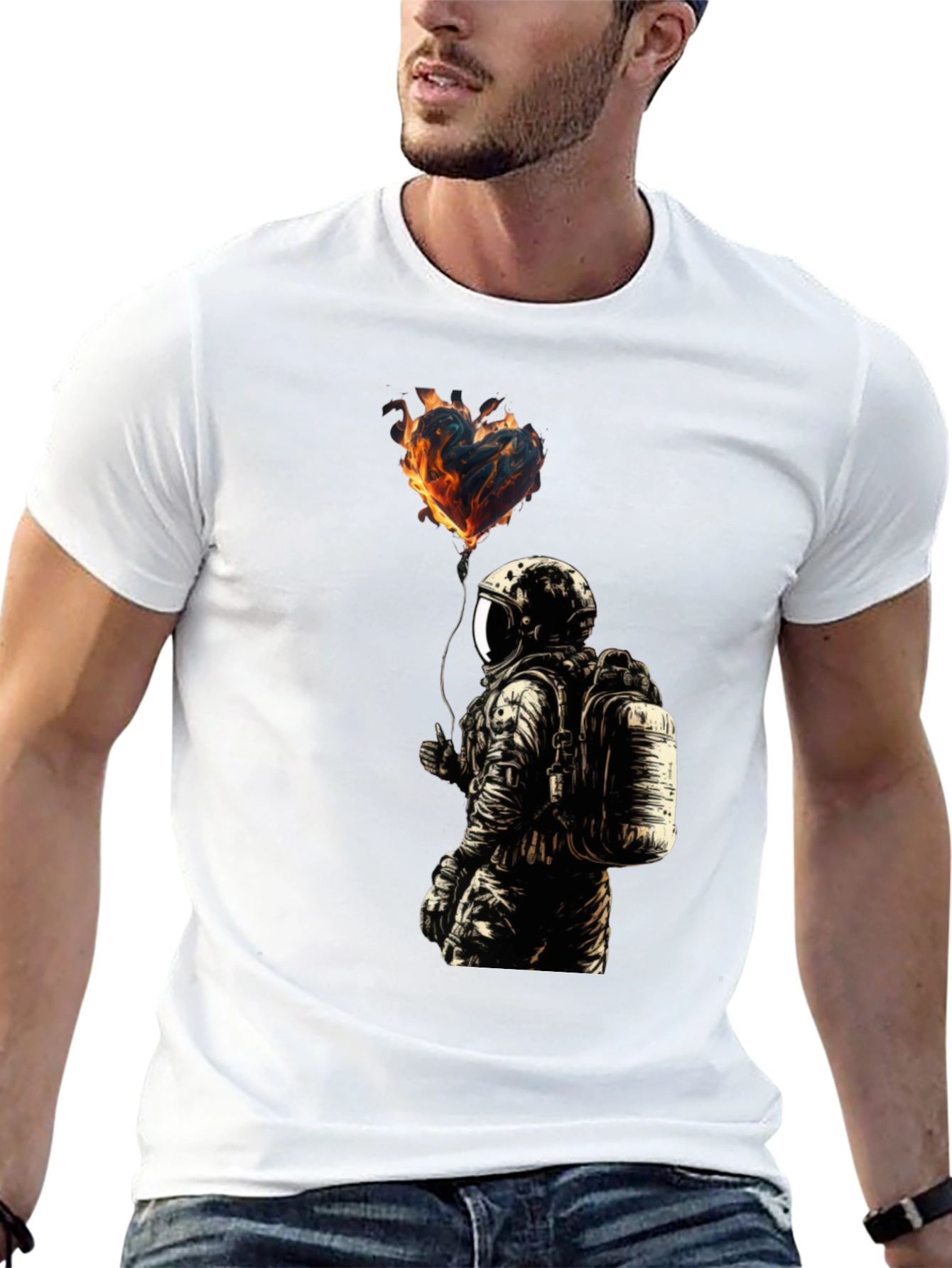 Flaming Heart Astronaut Graphic Tee - Black