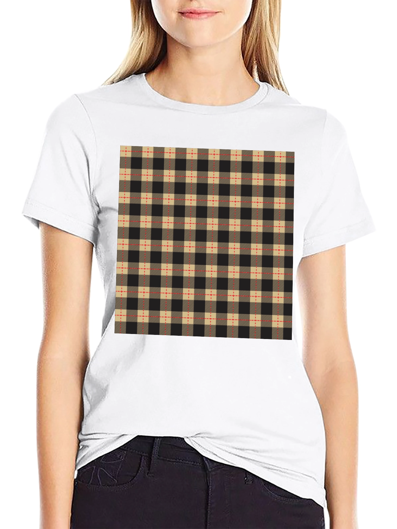 Plaid Pattern Black Casual T-Shirt