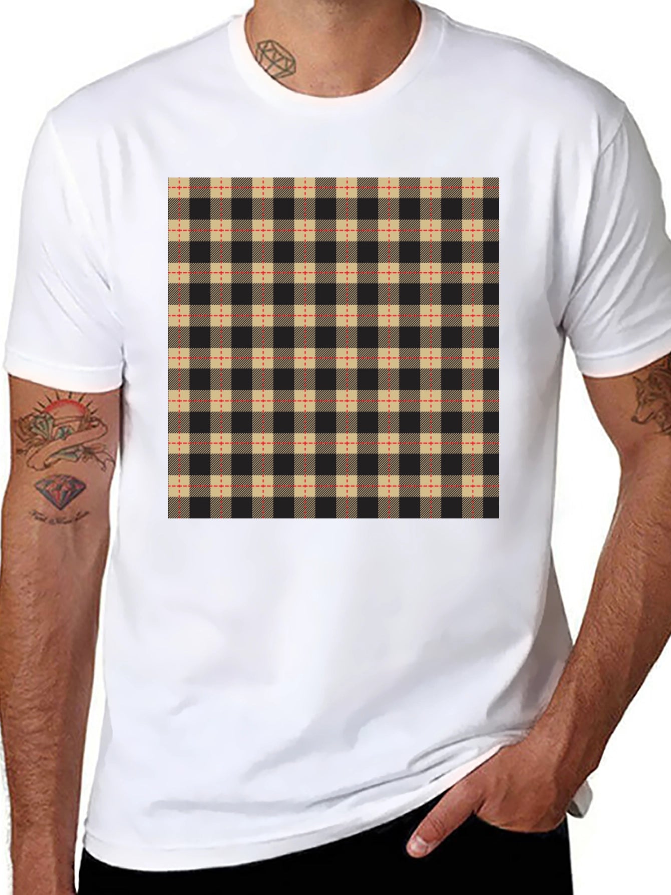 Plaid Pattern Black Casual T-Shirt